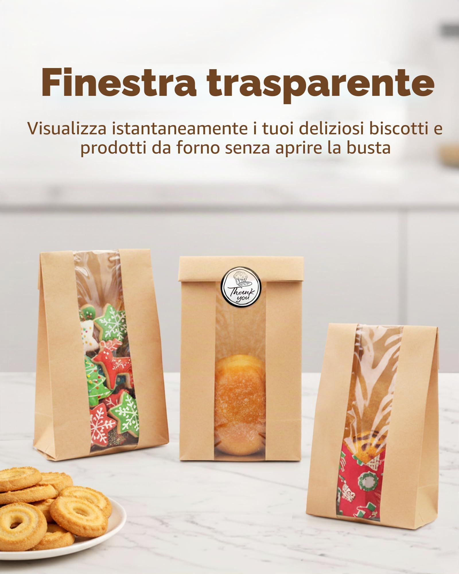 Sacchetti di Carta per Alimenti 50 Pezzi con Sigillo e Finestra, Kraft per Pane Dolci Torte, 8,89 x 5,85 x 19,05 cm