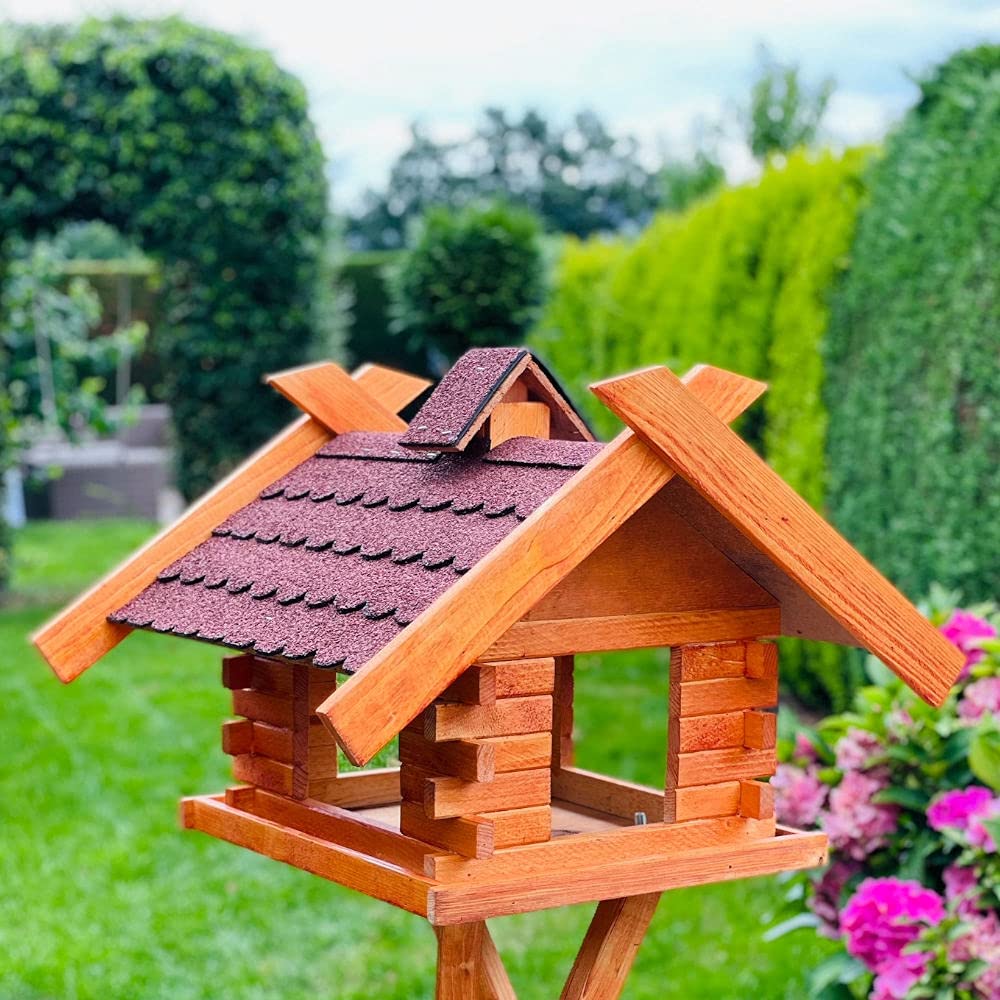 Rechteckiges Vogelhaus M - XL wetterfest aus Holz Vogel Futterstelle Haus mit und ohne Ständer (Größe XL mit Ständer, Rot - Braun)
