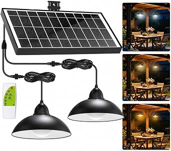 intelamp Solar Shed Light Indoor Outdoor Waterproof, 2-Head Pendant Light with Remote Control, 3 Color Modes, Warm White Solar Powered Dusk to Dawn, for Garden Gabo Barn Chicken Coop