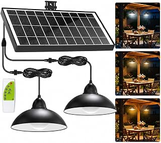intelamp Solar Shed Light Indoor Outdoor Waterproof, 2-Head Pendant Light with Remote Control, 3 Color Modes, Warm White Solar Powered Dusk to Dawn, for Garden Gabo Barn Chicken Coop
