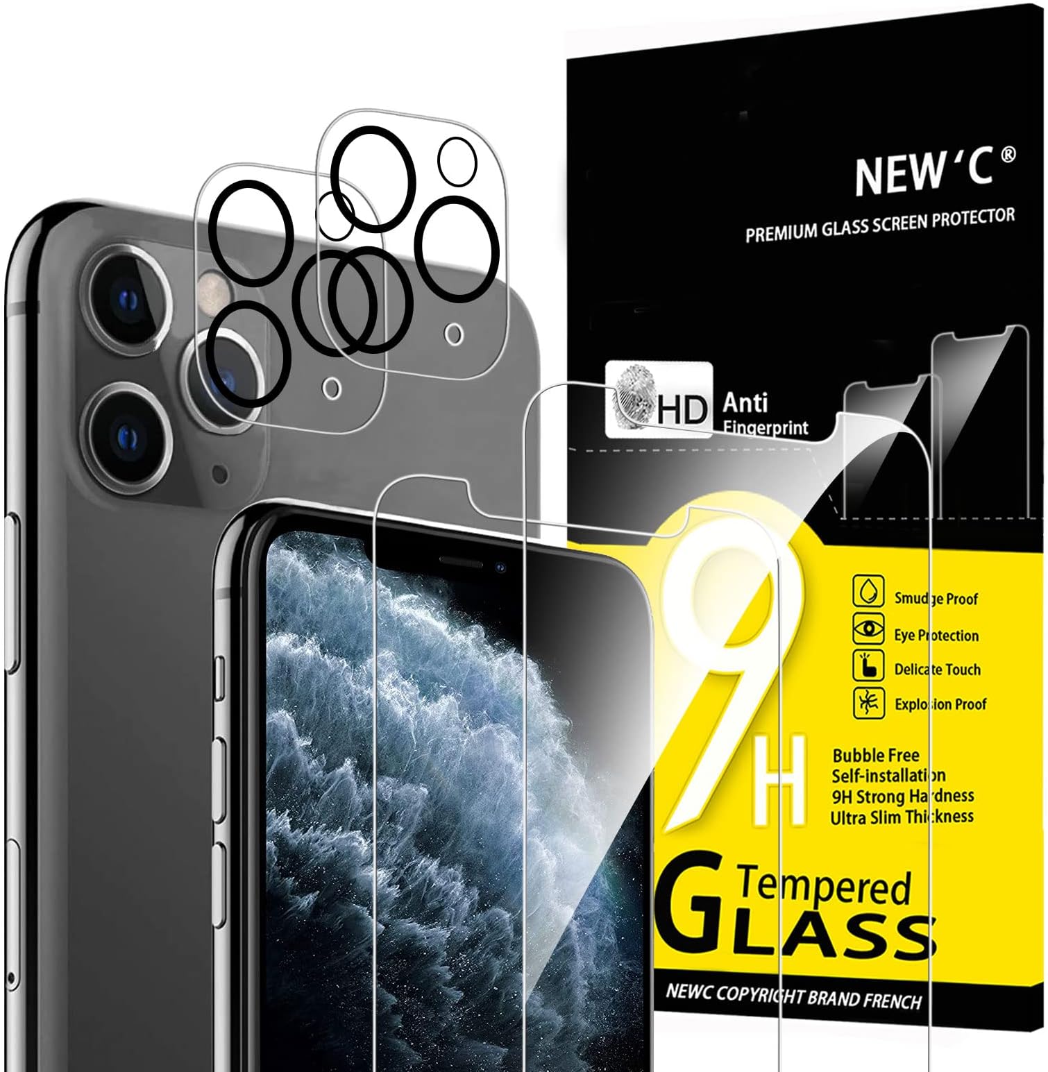 NEW'C 4 Pack, 2 Pack for iPhone 11 Pro Screen Protector + 2 Pack Camera Lens Protector, Sensor Protection,Case Friendly Tempered Glass Film