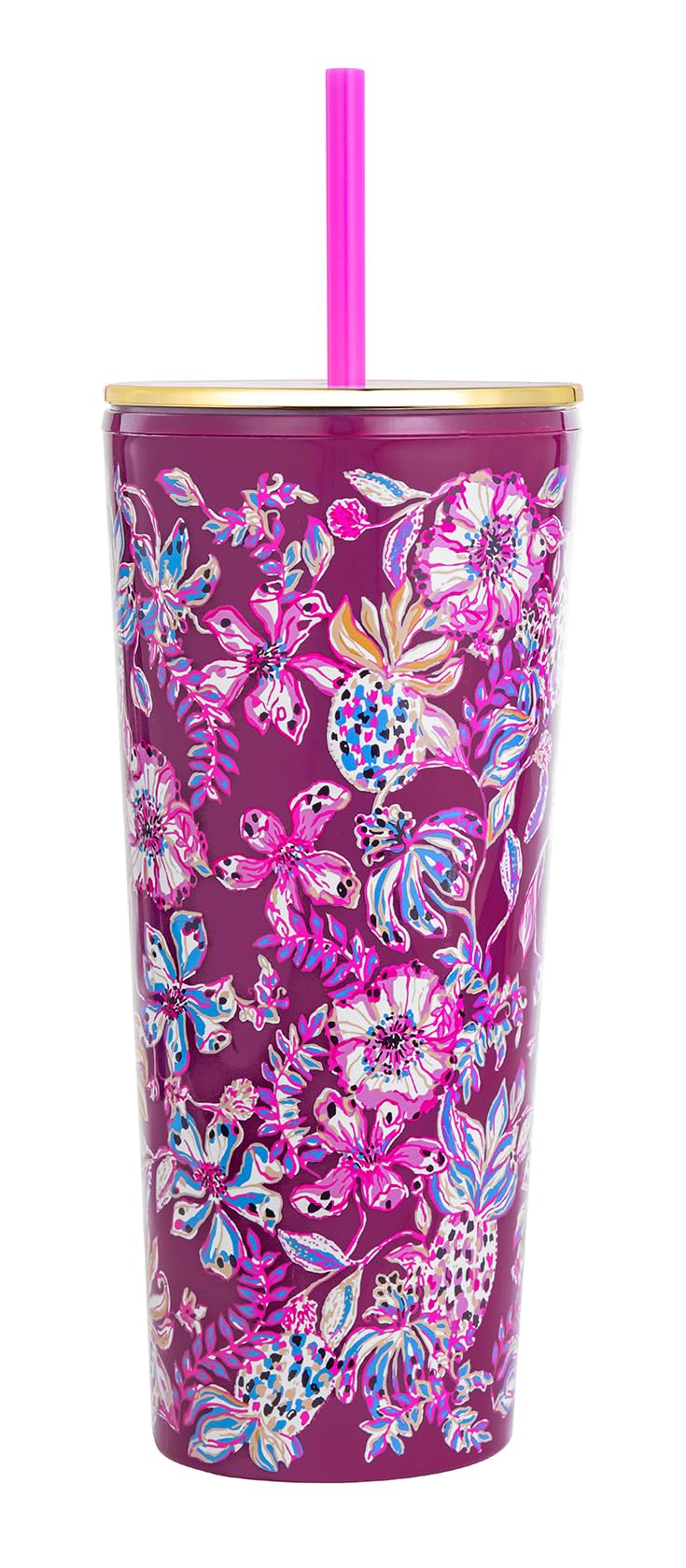 Lilly Pulitzer Double Wall Tumbler with Lid and Reusable Straw, Insulated Travel Cup Holds 24 Ounces, Amarena Cherry