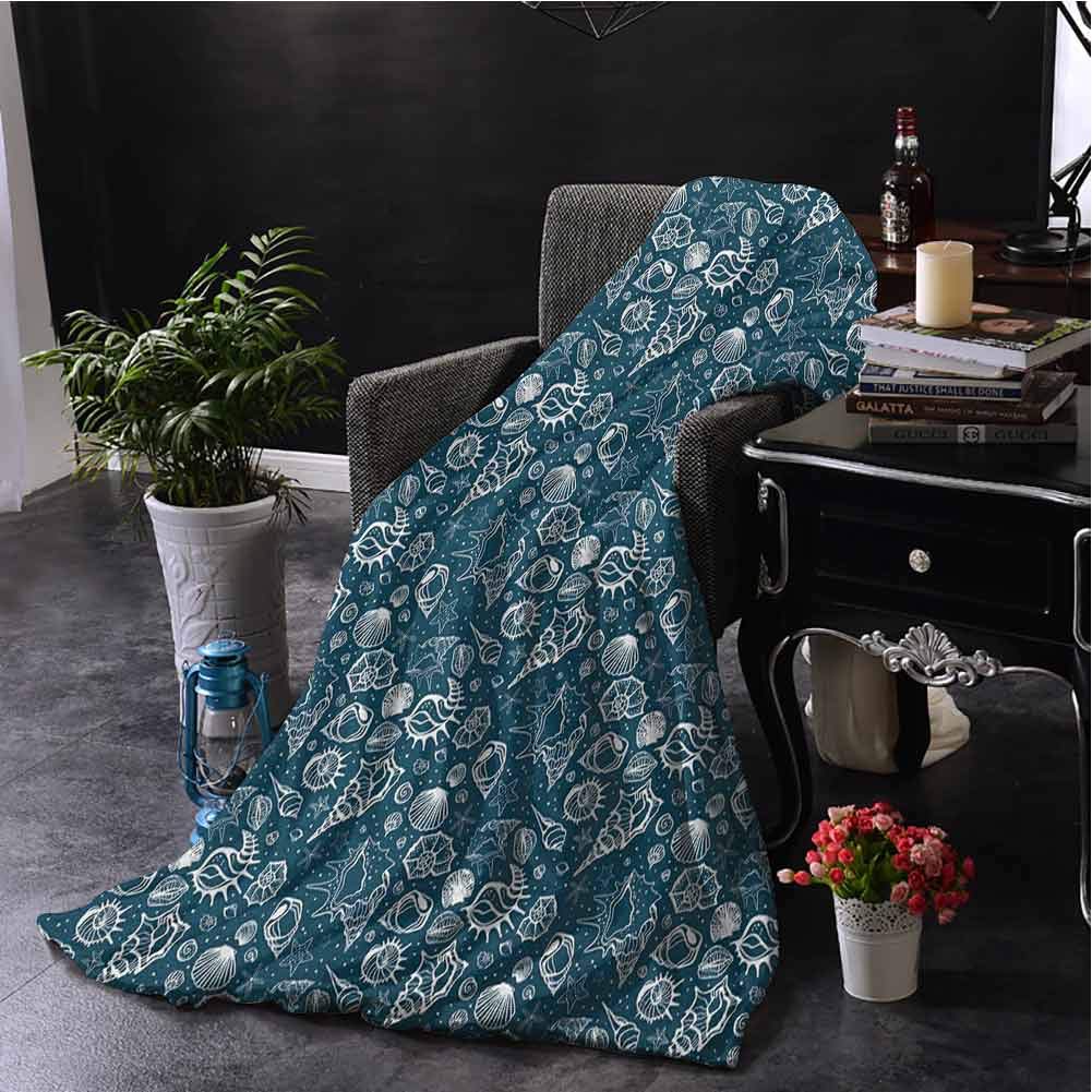 All Season Throw Blanket Blue and White Hand Drawn Style Various Sea Shells Aquatic Marine Wildlife Theme Dark Blue and White Livingroom Couch Bed Camping Picnic W60 xL80