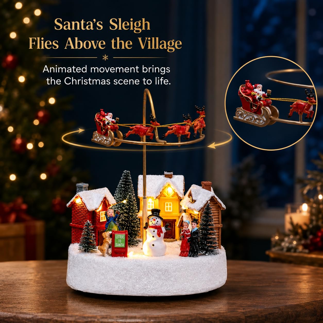 Candieslife Décoration animée de village de Noël – Père Noël volant rotatif et traîneau de renne dans l'air, figurine de ville enneigée lumineuse avec maisons et bonhomme de neige – Centre de table de