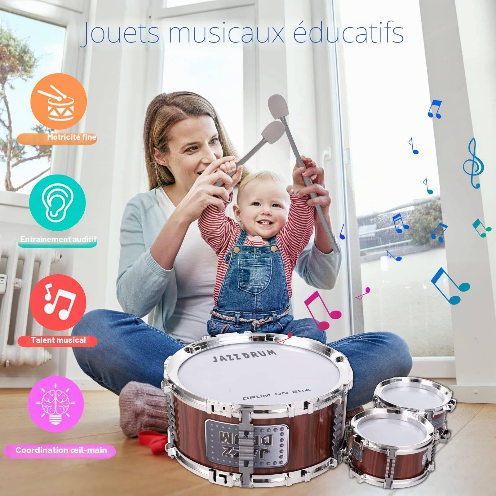 Kit De Batterie Jazz Denash – 5 Tambours – Instrument De Percussion – Dès 3 Ans – Cadeau Musical éducatif