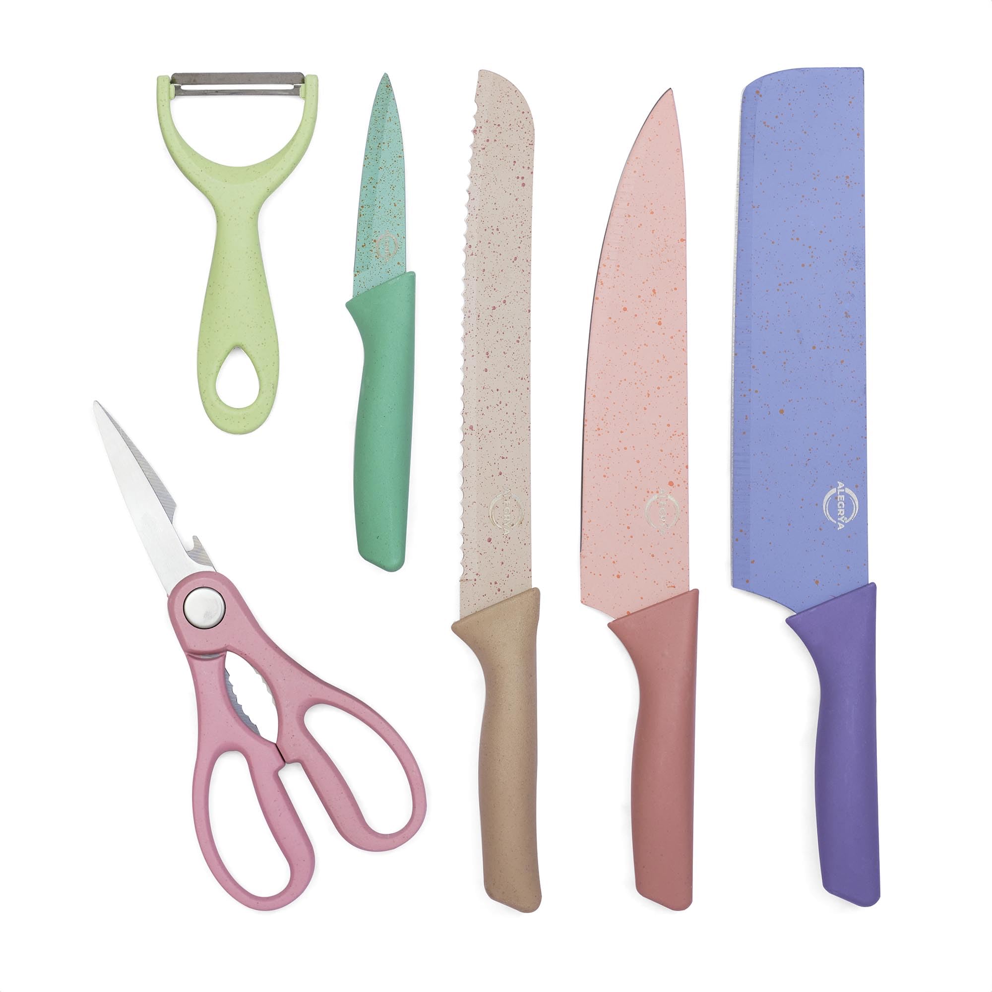 ALEGRYAKitchen Knife Set of 6 in Gift Box with Cleaver Knife, Chef Knife, Bread Knife, Paring Knife, Scissors, Peeler, Colourful Stainless Steel Blades with Non Slip PP Straw Handles
