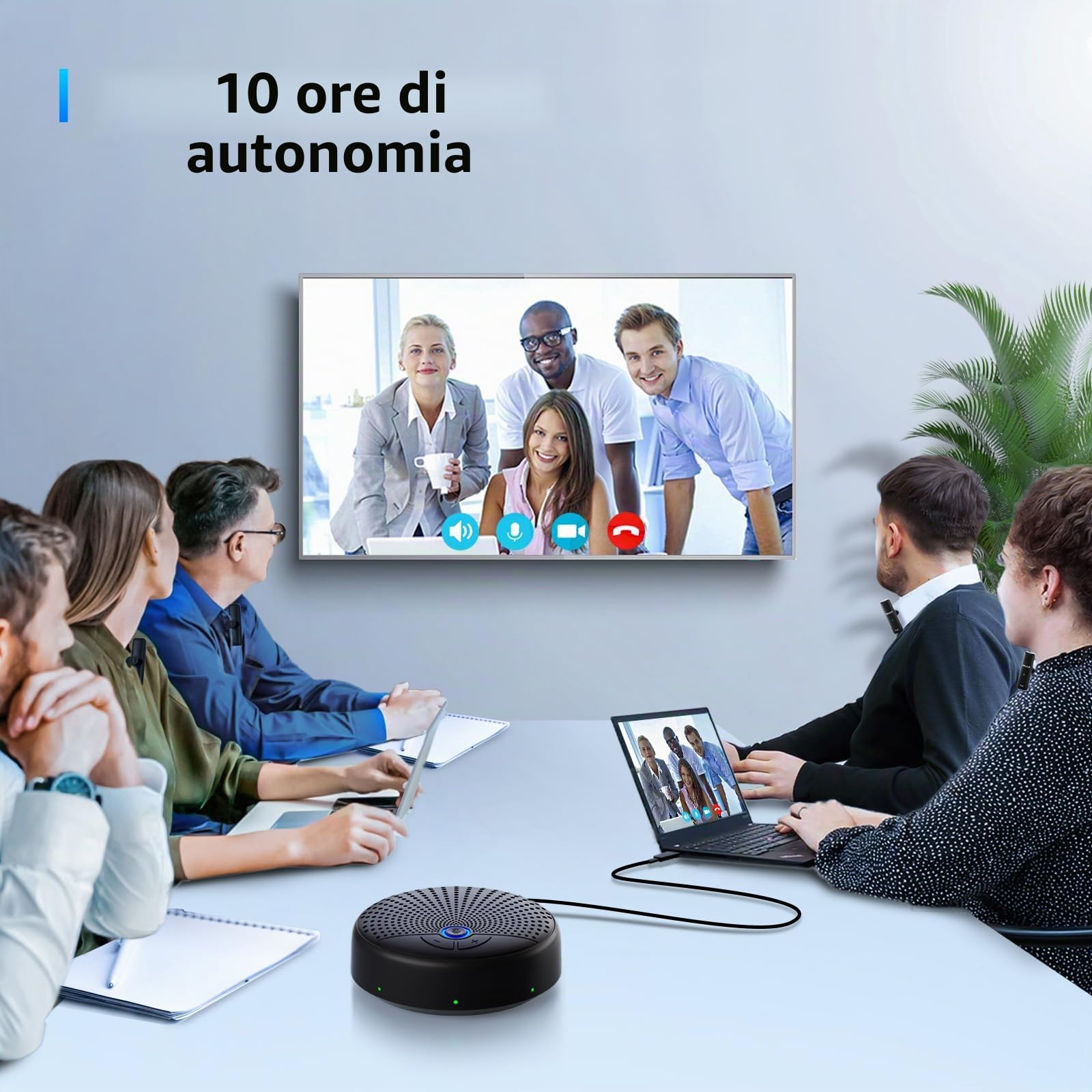 Altoparlante per Conferenze Wireless con 10 Microfoni Lavalier, Cancellazione Rumore AI, 360° di ricezione vocale, Compatibile con Zoom/Teams/Skype, per Webinar e Smartworking
