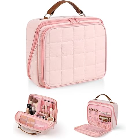 MOKURA Quilted Makeup Bag, Travel Large Capacity Cosmetic Bag with Jewelry Organizer, Standing Portable Make up Pouch, Waterproof Toiletry Case, Gifts for Women, Stocking Stuffers for Mom, Pink