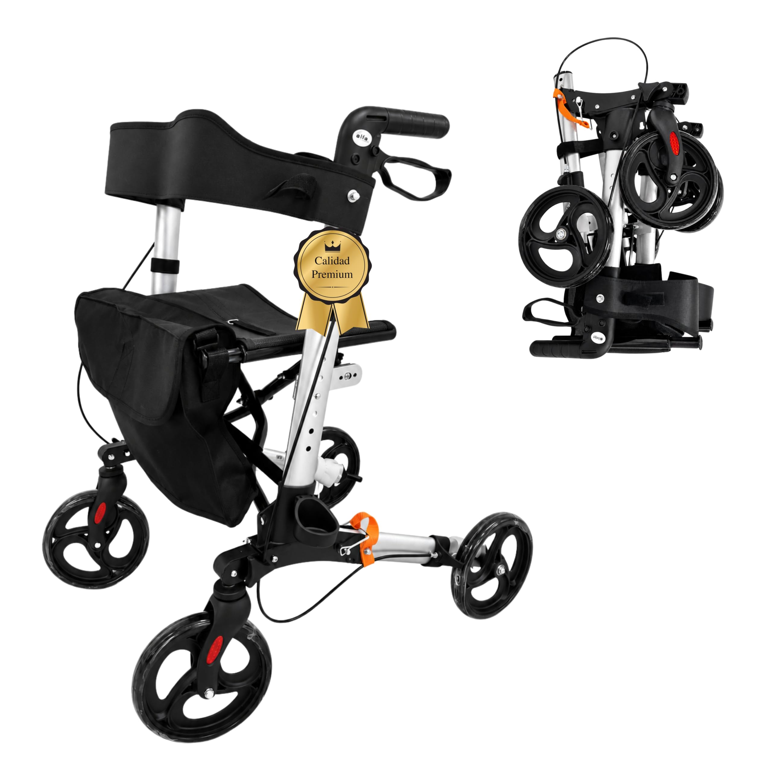 Andador MA08 plegable con asiento y respaldo, 4 Ruedas/Frenos/Saco de Compra y Porta Bastón, Altura Ajustable 83-96cm, Andador, Carro, Rollator para Ancianos MODELO MA08