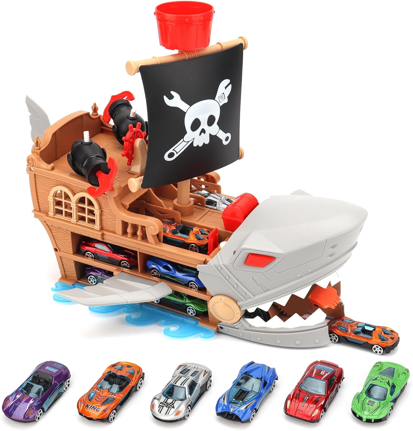Shark Pirate Ship Toy Car Playset with Car-Swallowing Play Mode | 4-in-1 Toy Boat Vehicle Set, 6 Race Cars, Dual-Lane Track Launcher, Anchors & Turrets, Ideal Gift for Boys Girls Kids Ages 3+
