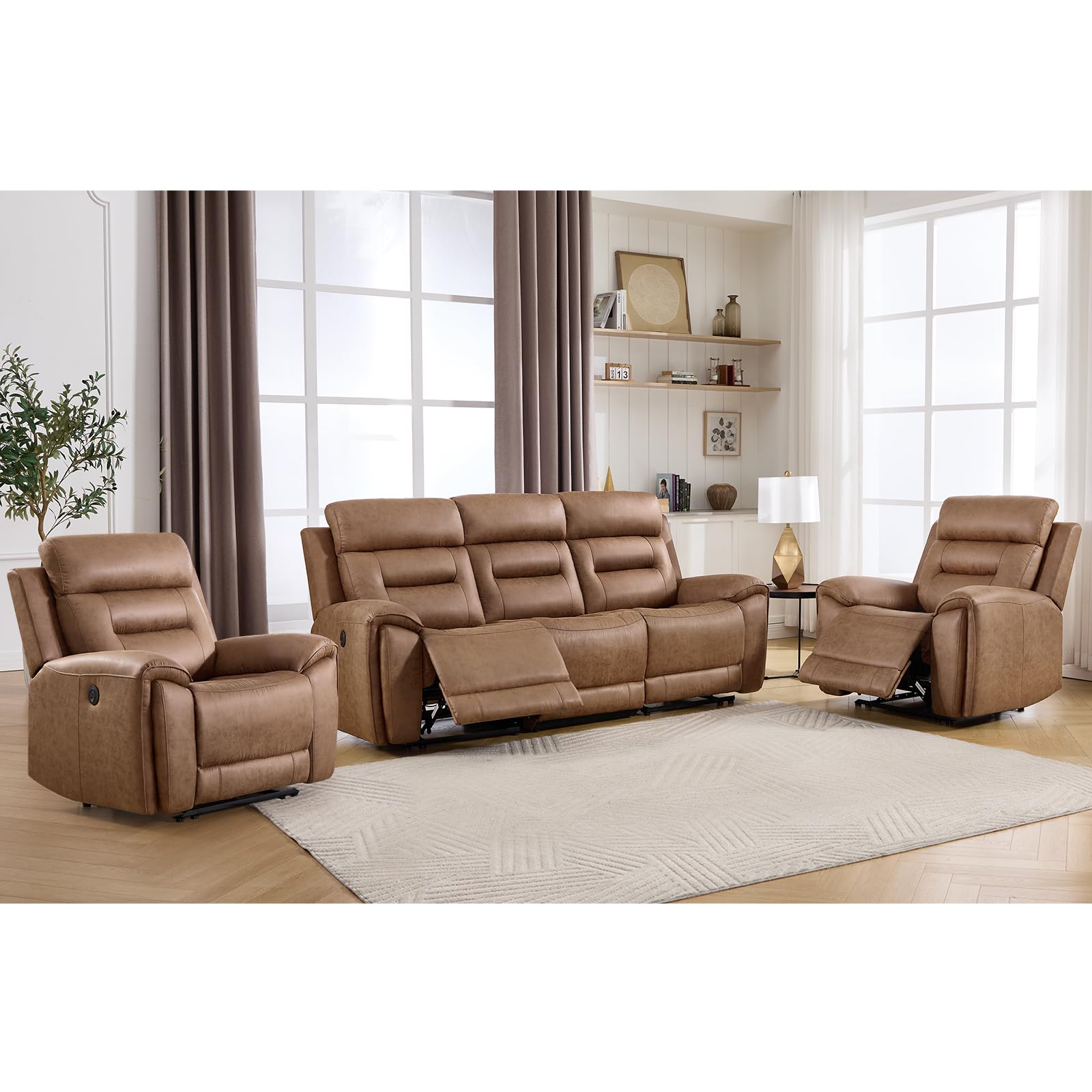 ANJ 3-Piece Faux Leather Power Recliner Sofa Set with USB&amp;Type-C Charging Ports, 2 Single Large Recliner Chairs and 3-Seater Reclining Couch for Living Room, Brown