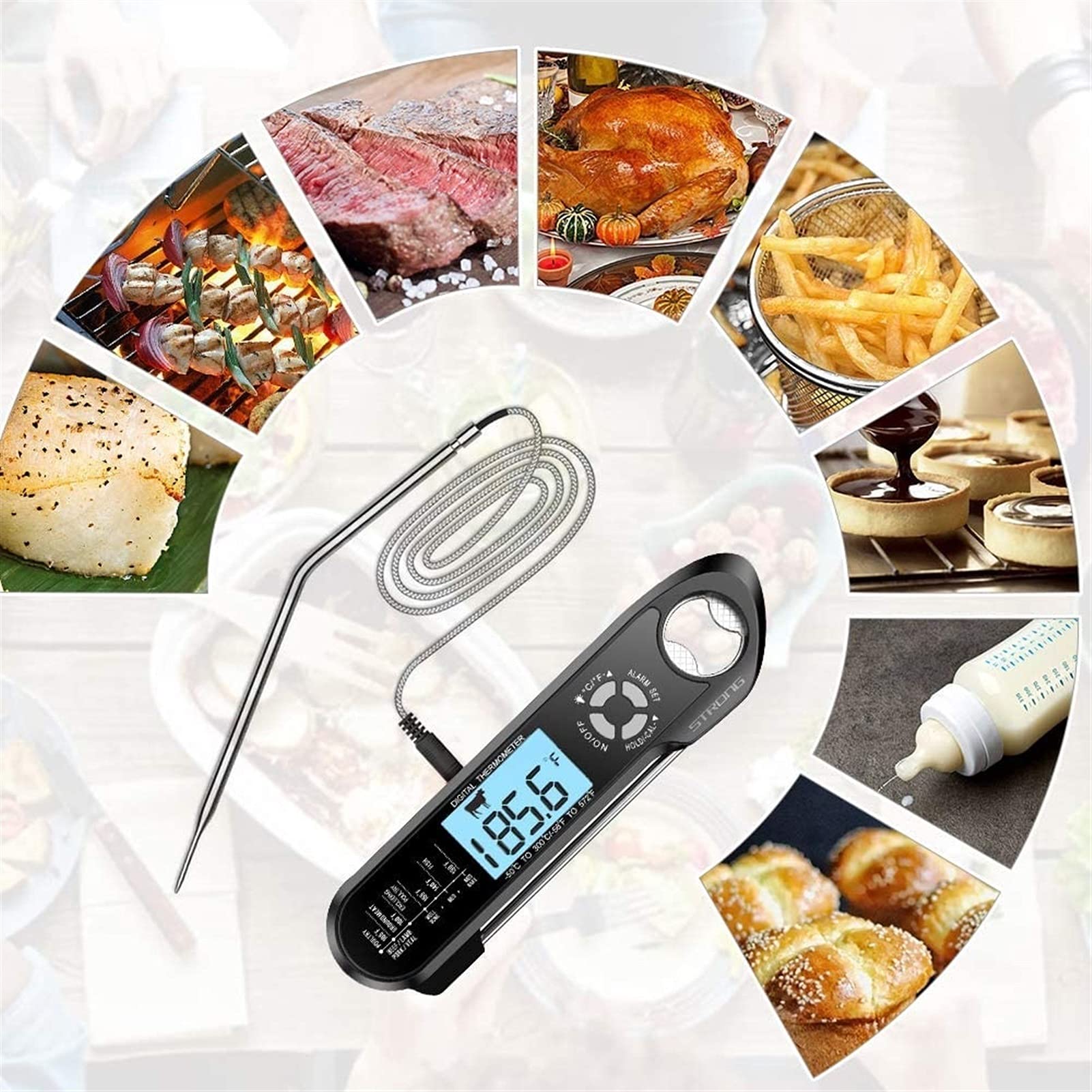 XMING Termómetro de Carne Read Lectura instantánea Caja Fuerte 2 en 1 Termómetro de Alimentos Digitales de Doble sonda con retroiluminación de Alarma para Cocina Cocina A la Parrilla Fumar Barbacoa (