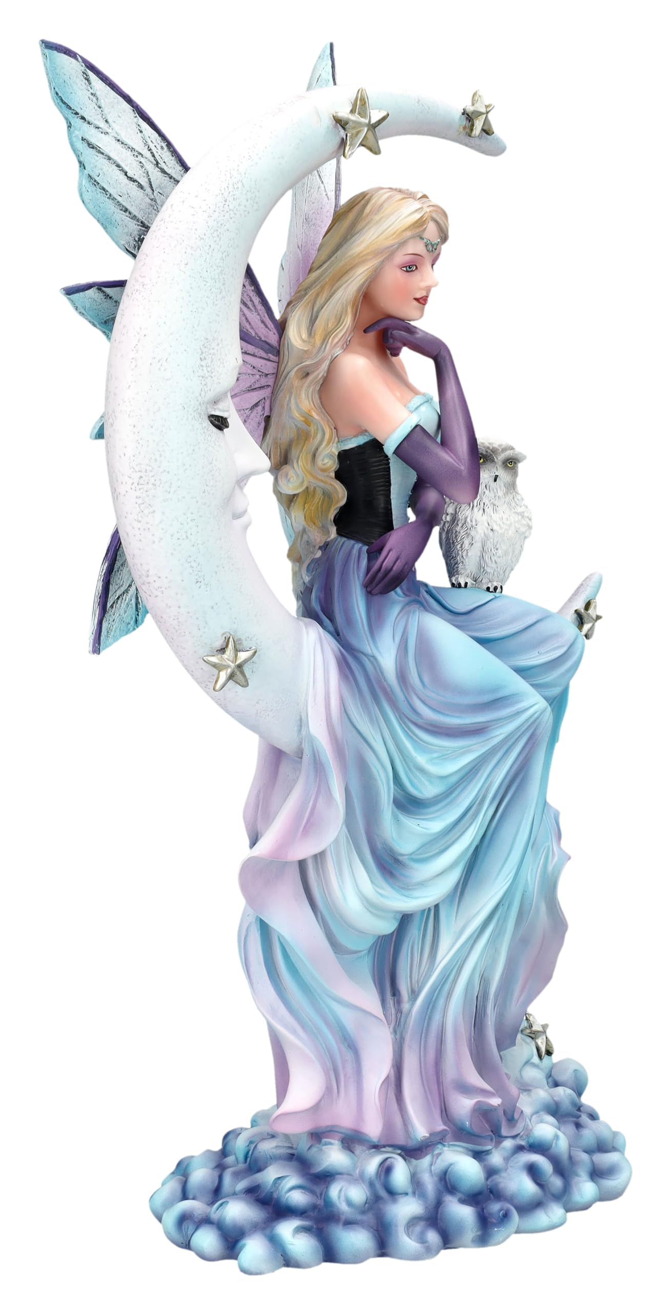 Figuren Shop GmbH Elfen Figur Wächterin der Träume auf Mond 34 cm - Eule Wolken Sterne Fee Deko Fantasy