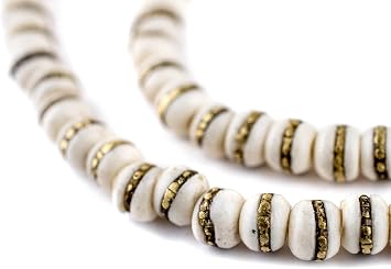 The Bead Chest Brass-Inlaid White Bone Mala Beads 6mm Nepal Spacers Buddhist Tibetan Prayer Beads