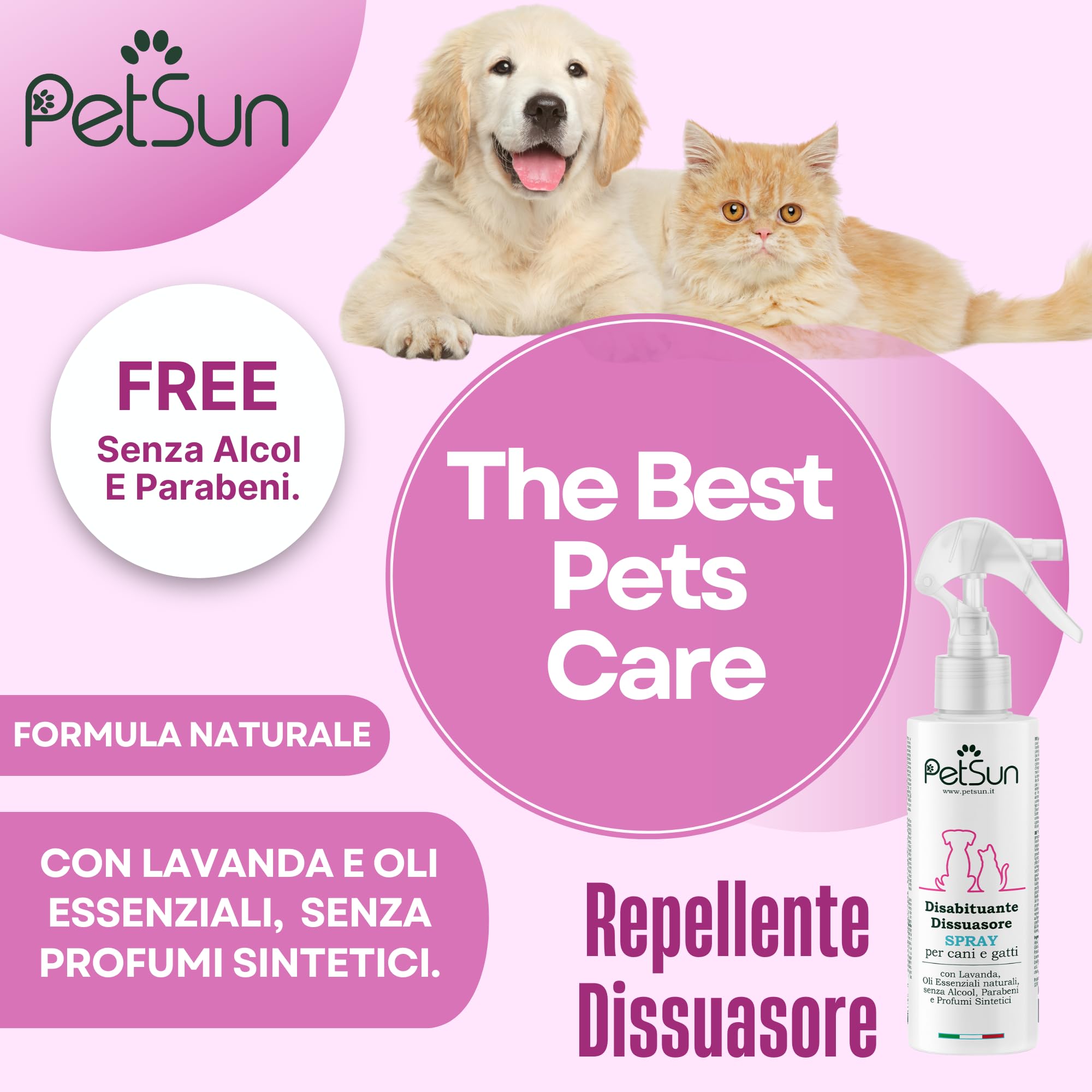 PetSun Disabituante per Cani e Gatti - Repellente - Spray Naturale - Anti Urina e Odori per Interni ed Esterni - 250 ml