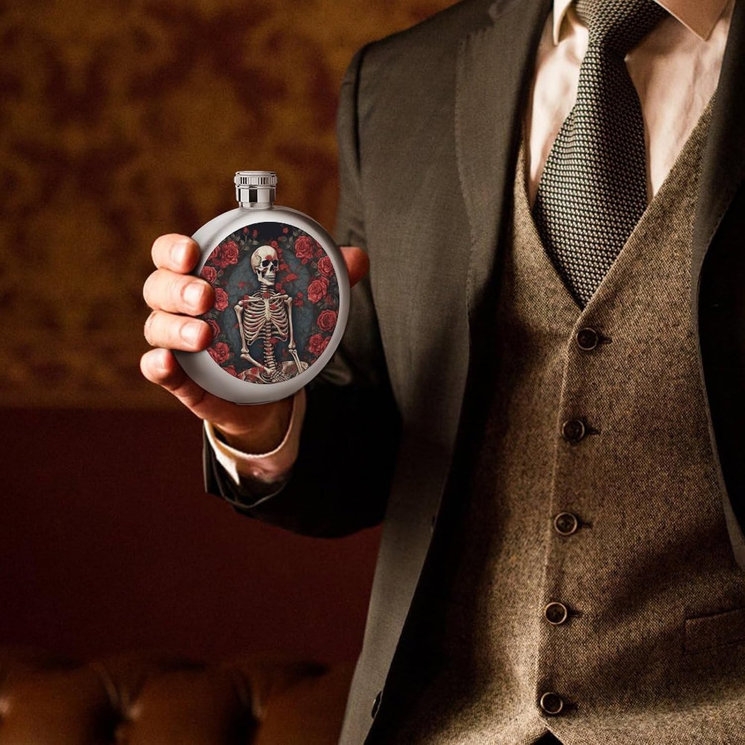 Skeleton with Roses Hip Flask 5 Oz Round Stainless Steel Mirror Polished Wine Pot Portable Pocket Wine Whiskey Flask Small Drinking Flasks Drinkware for Men Women