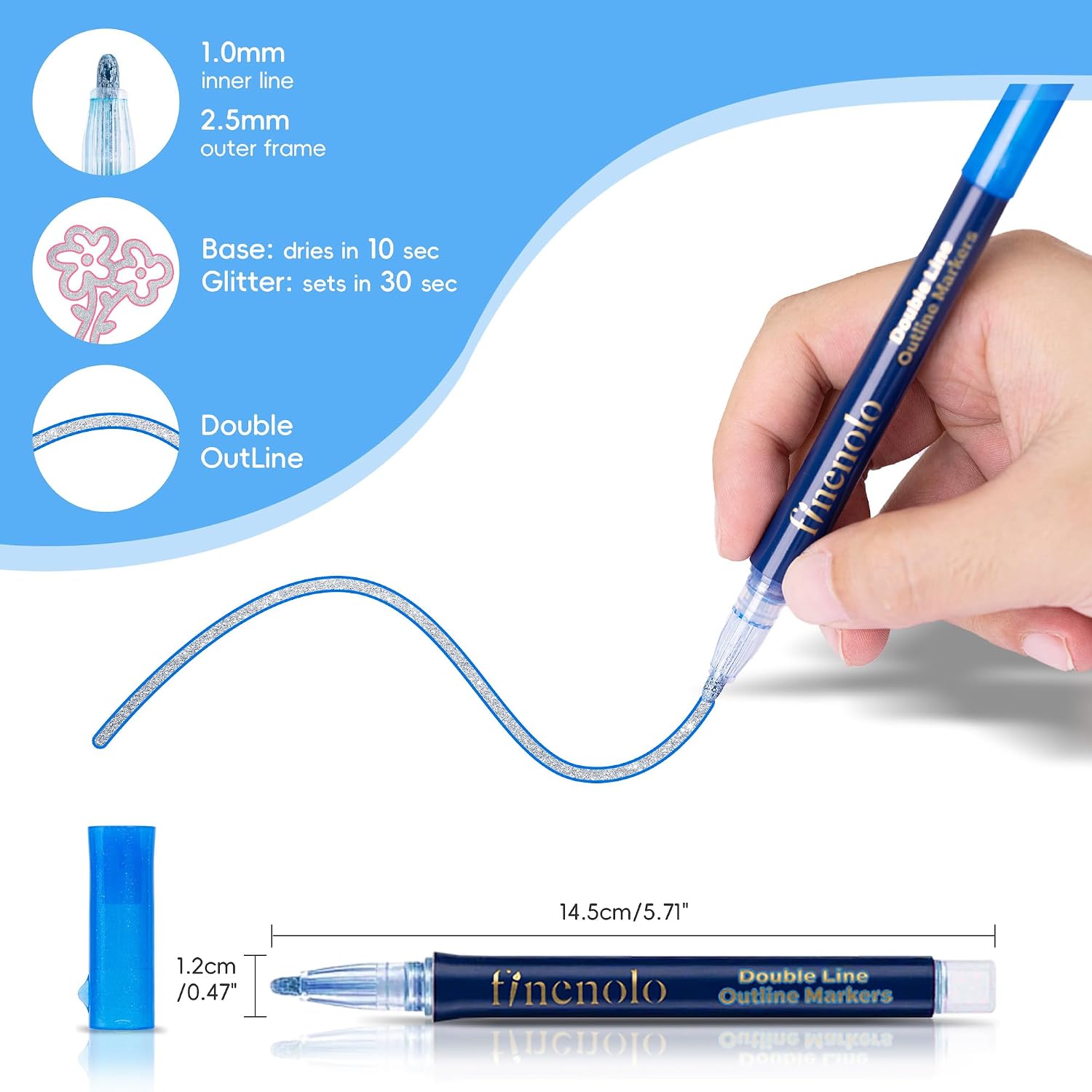 finenolo Double Line Outline Markers, 48 Colors Metallic Glitter Pens