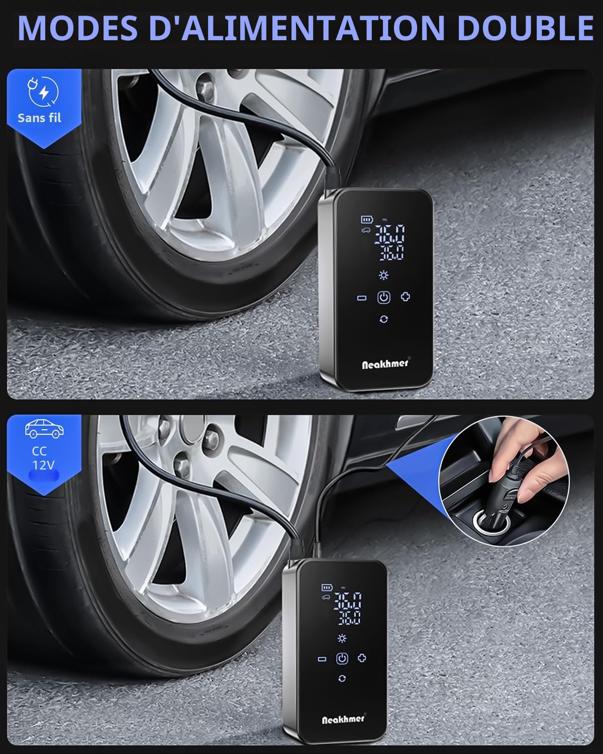 Gonfleur Pneus Voiture Compresseur Air: 150PSI Compresseur à Air Portatifr | Batterie 6000mAh,Mini Pompe a Velo Electrique 12V avec Manomètre de Pression pour Voiture, Moto, Sans Fil et Facile à Utilise