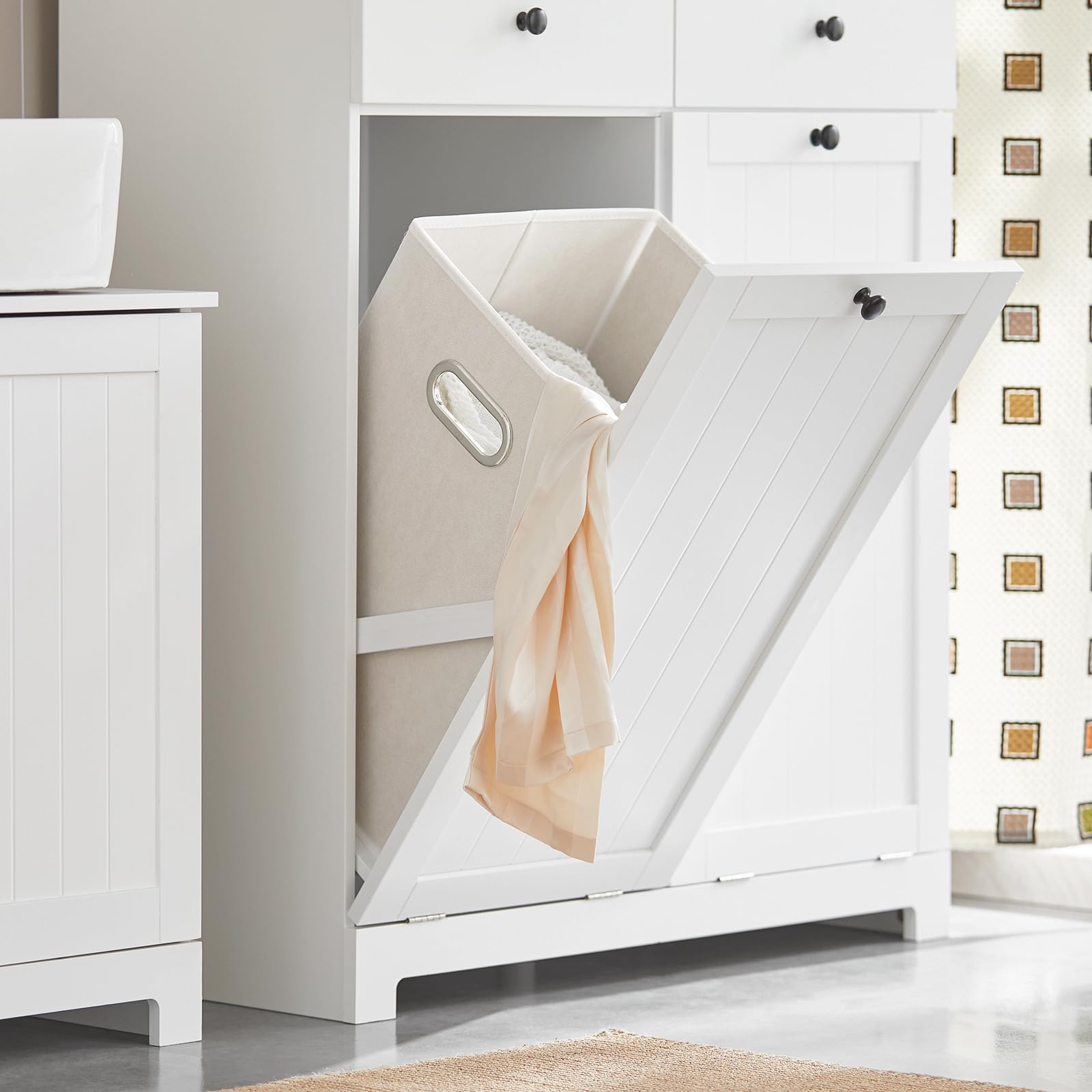 SoBuy Mueble Ropa Sucia con 2 Cestos Abatibles Y 2 Cajones, 78x38x90 Cm | 2 cestos abatibles extraíbles de 90 L y 2 cajones para separar la ropa sucia de toda la familia. Blanco. BZR33-II-W