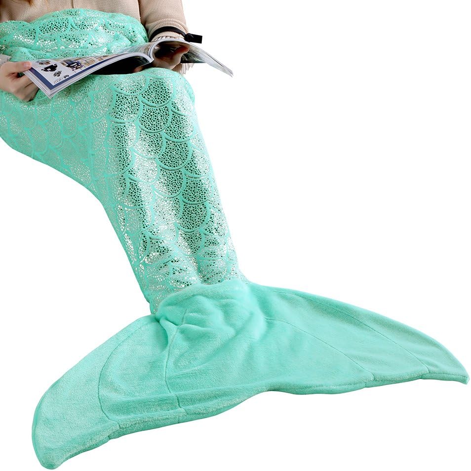 LANGRIA Mermaid Tail Blanket Glittering Flannel Super Soft Cozy Warm Lightweight for Kid Girl Adult All Season (60 x 25 inches, Green)