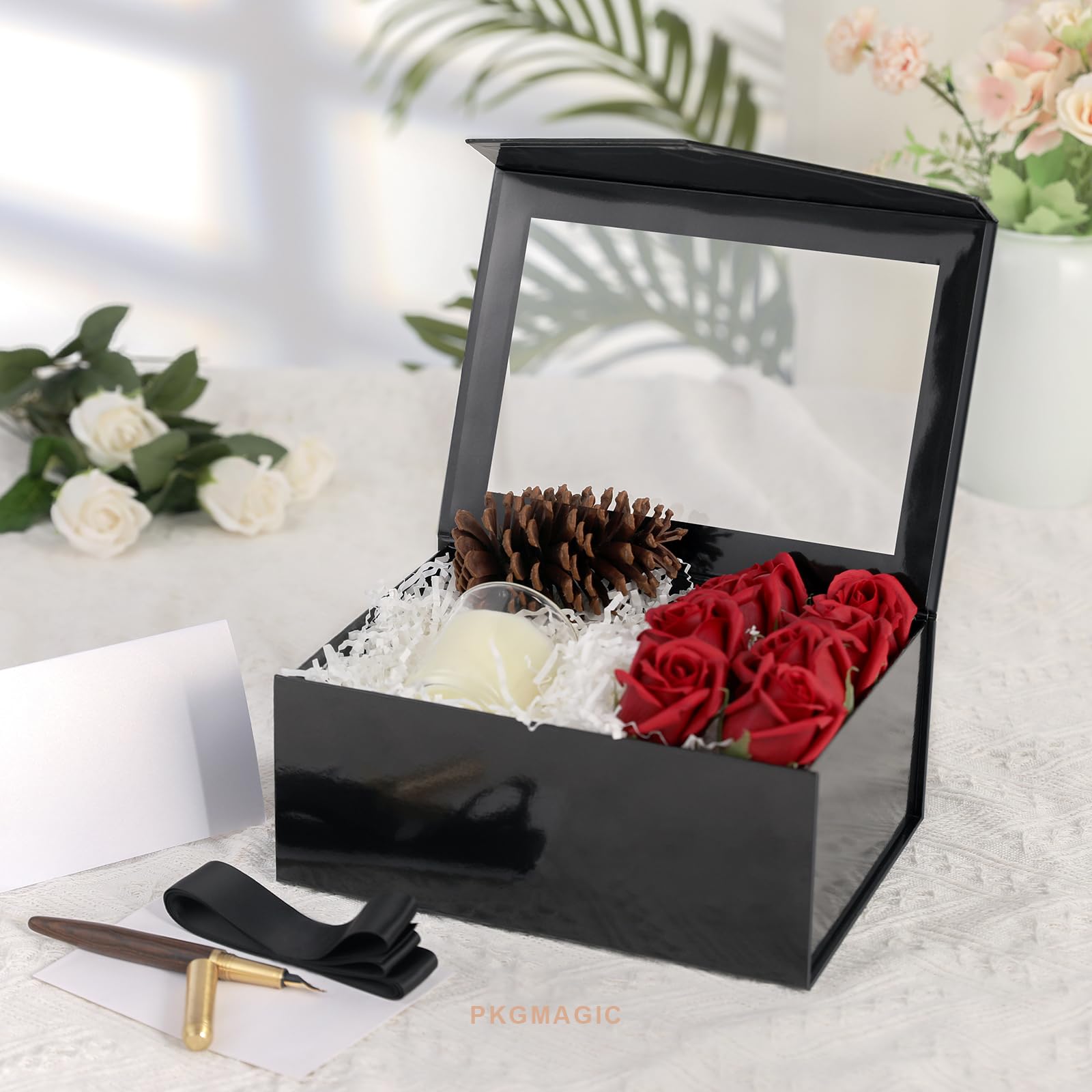 PKGMAGIC 5 scatole regalo nere con finestra, 22,8 x 16,5 x 9,6 cm, scatole regalo chiare per il presente, scatole di proposta Groomsman, scatole regalo con coperchio magnetico
