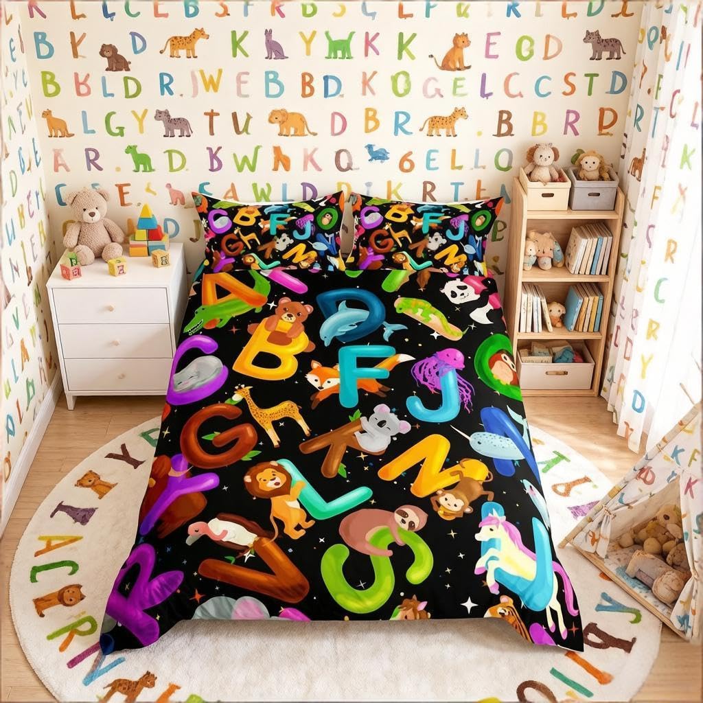 Loussiesd Animals Alphabet Bedding Set for Girls Boys Child Kids Abc Education Comforter Cover Preschool Decorative Cute Cartoon Wildlife Duvet Cover English Alphabets Bedspread Cover King 3Pcs — image 1