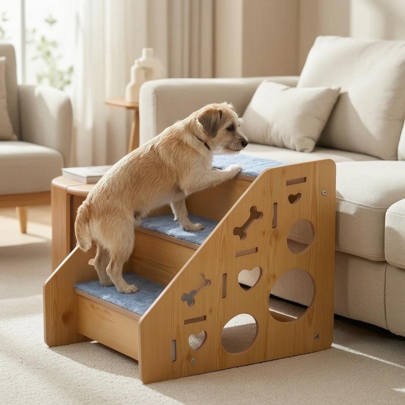Scalini in Legno per Animali Domestici con Rivestimento in Moquette Antiscivolo E Design con Laterali Adatta per Cani Piccoli E Anziani per Letto E Divano