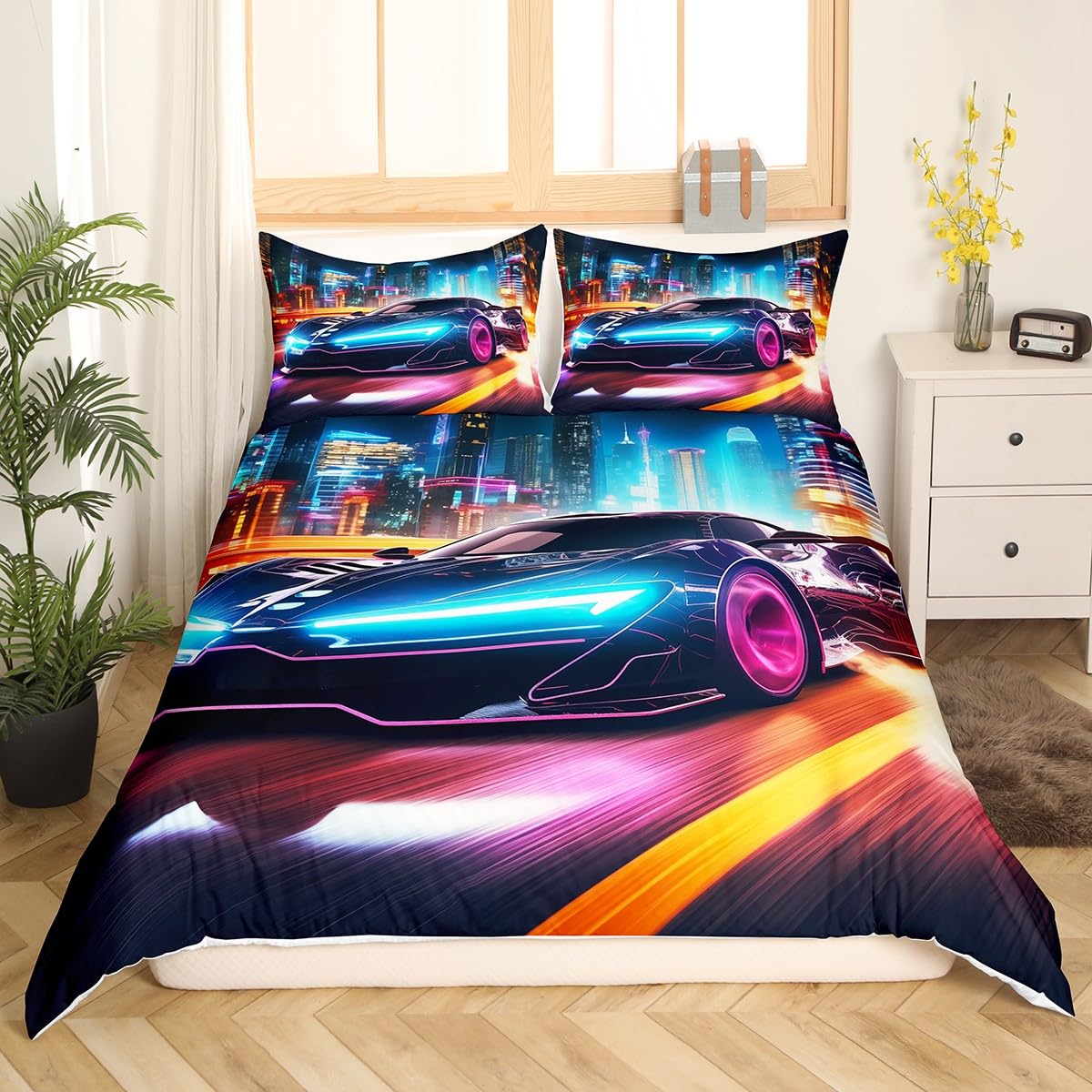 Loussiesd Kids Blue Black Race car Duvet Cover Double Size - Image 2