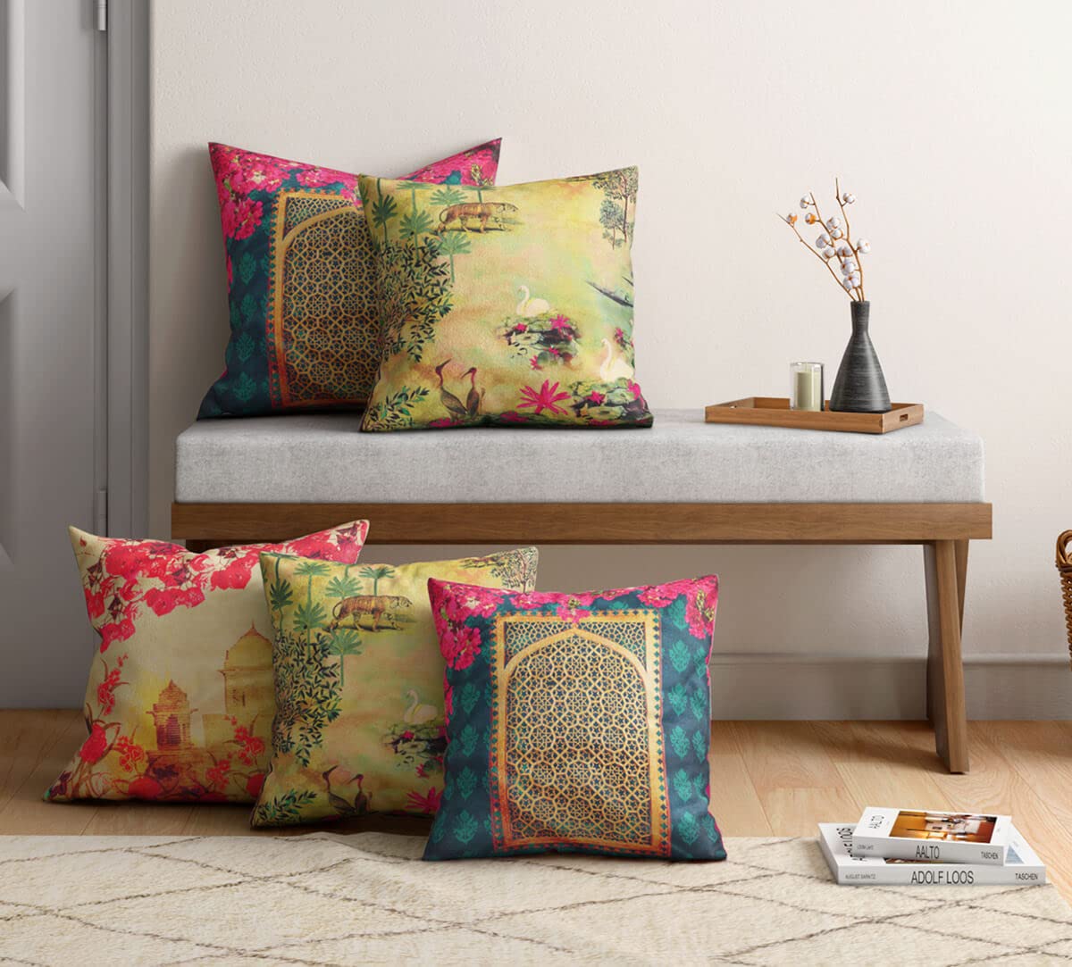 India Circus by Krsnaa Mehta Royal Court Multicolor Printed Decorative Blended Velvet Cushion Pillow Cover for Couch, Sofa, Bed Set of 5 (16 x 16 Inches)-image-11