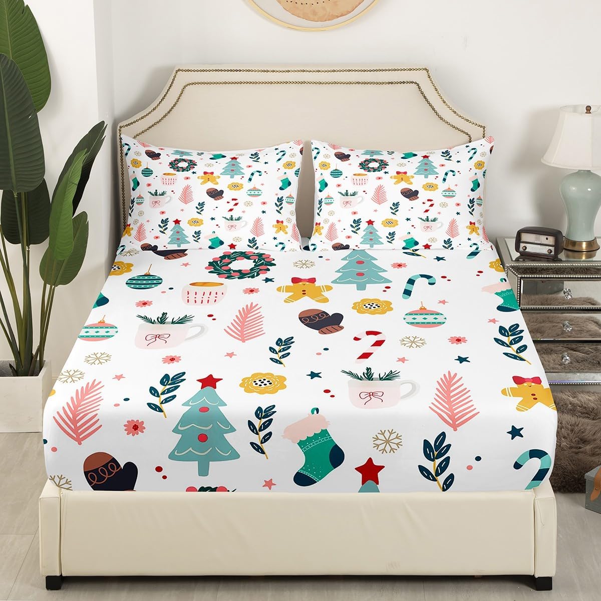 Christmas Decorations Fitted Sheet Christmas Tree Stockings Full Size Bed Sheets, Cute Gingerbread Xmas Snowflake Flowers Leaves Bedding Set