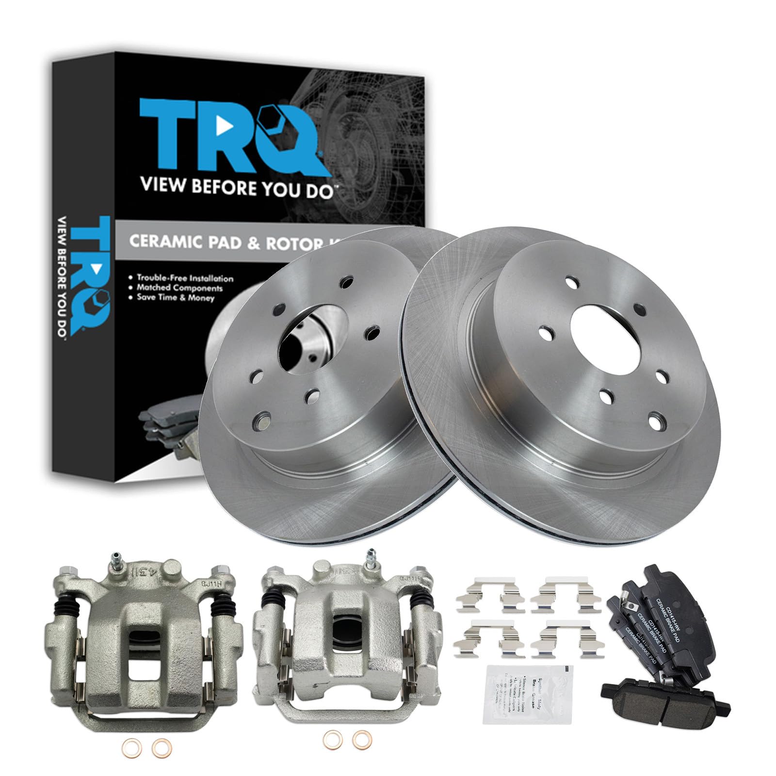 TRQ Rear Brake Pad and Rotor Set Ceramic Rotors Calipers Compatible with 2003-2008 Infiniti FX35 FX45
