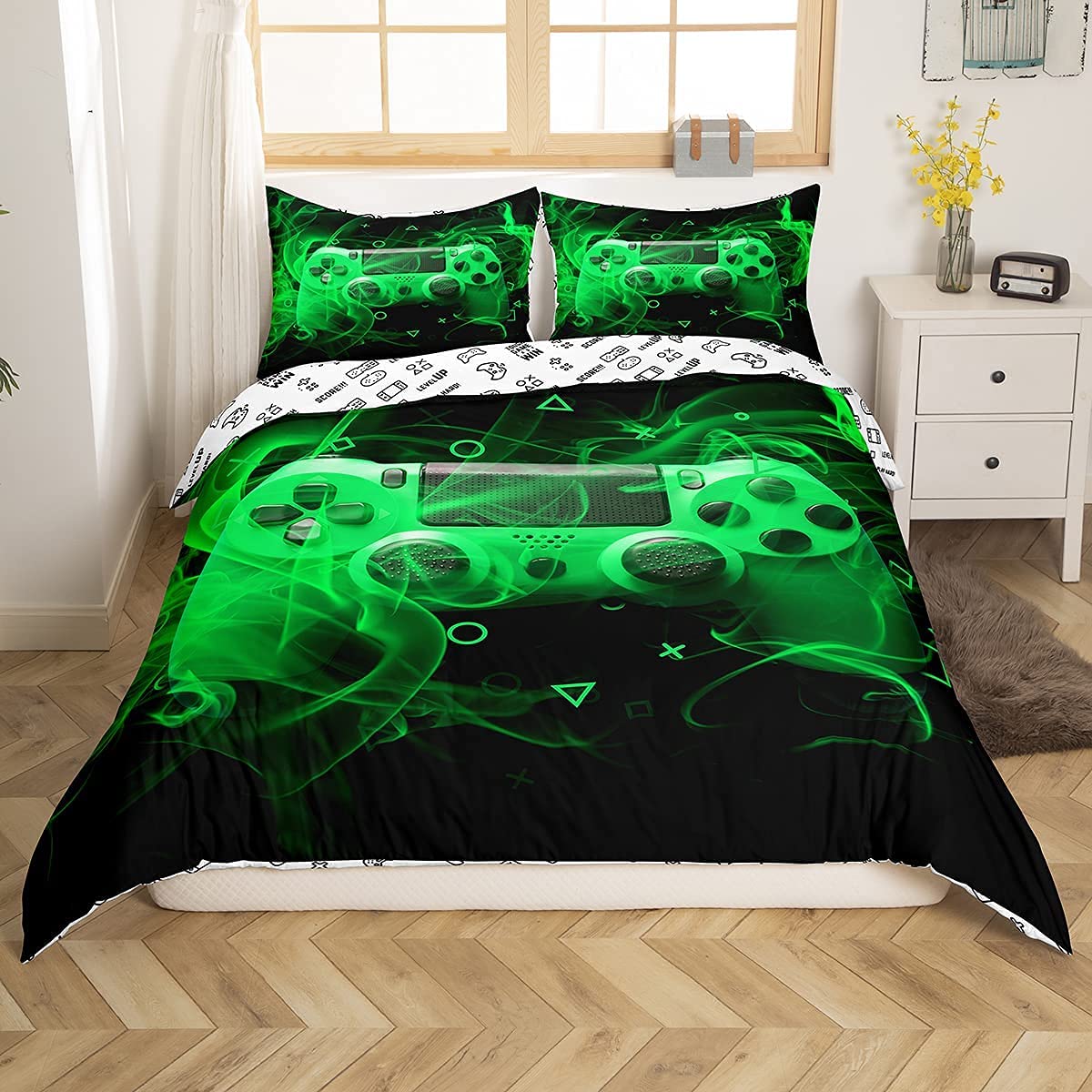 Homemissing Youth Gaming Bedding Set Kids Gamer Duvet Cover for Boys Girls Game Controller Bedding & Linen Modern Games Console Action Buttons King Size Green Black