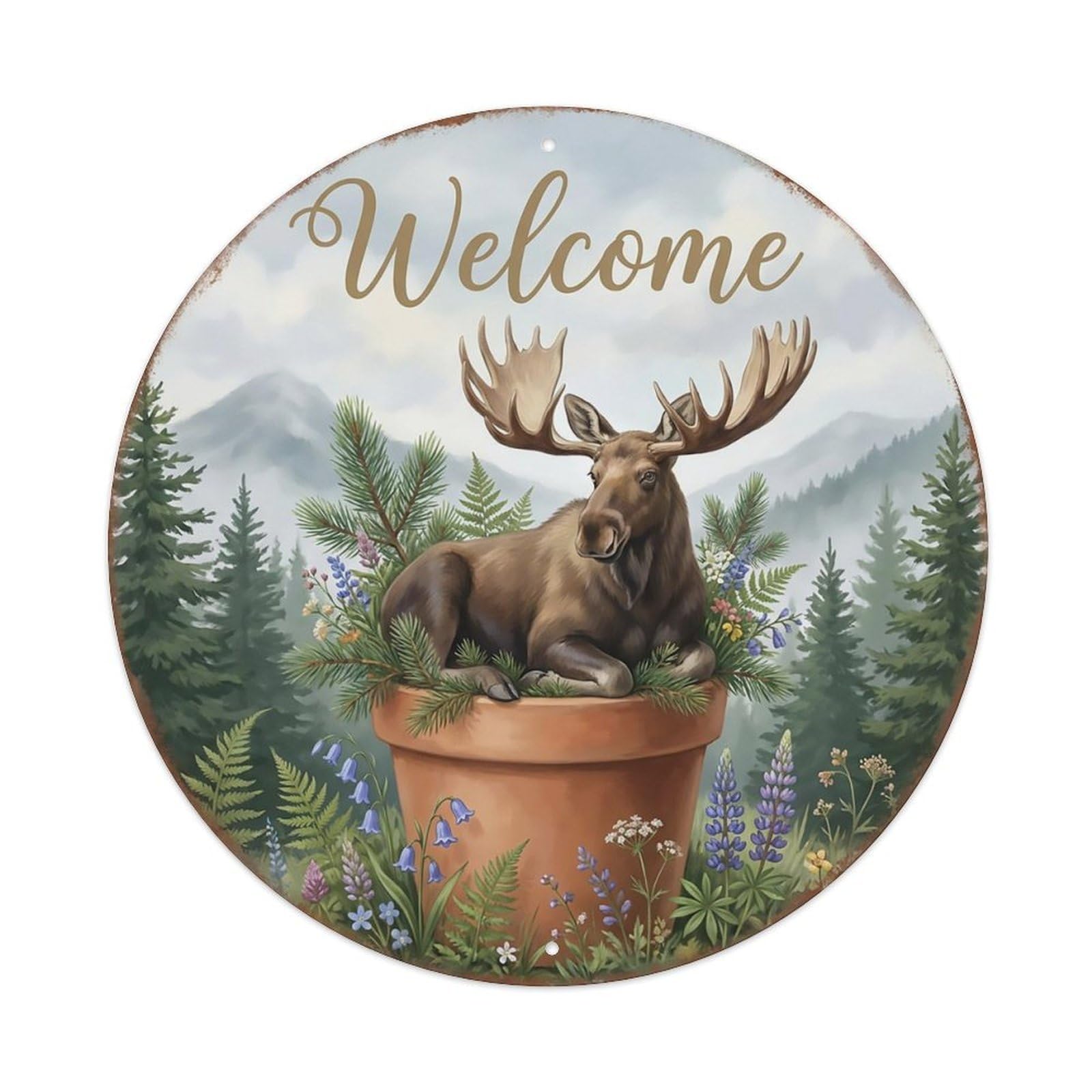 Welcome Moose Pine Forest Metal Tin Sign