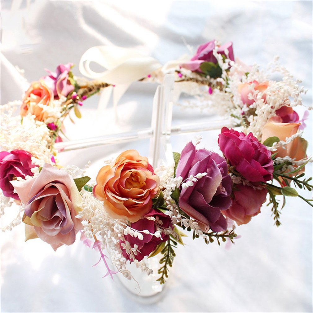 YAZILIND Hochzeit Blumenkranz Krone für Brautjungfer, Rose Blumenkopf tragen mit Band, Photo Requisiten.
