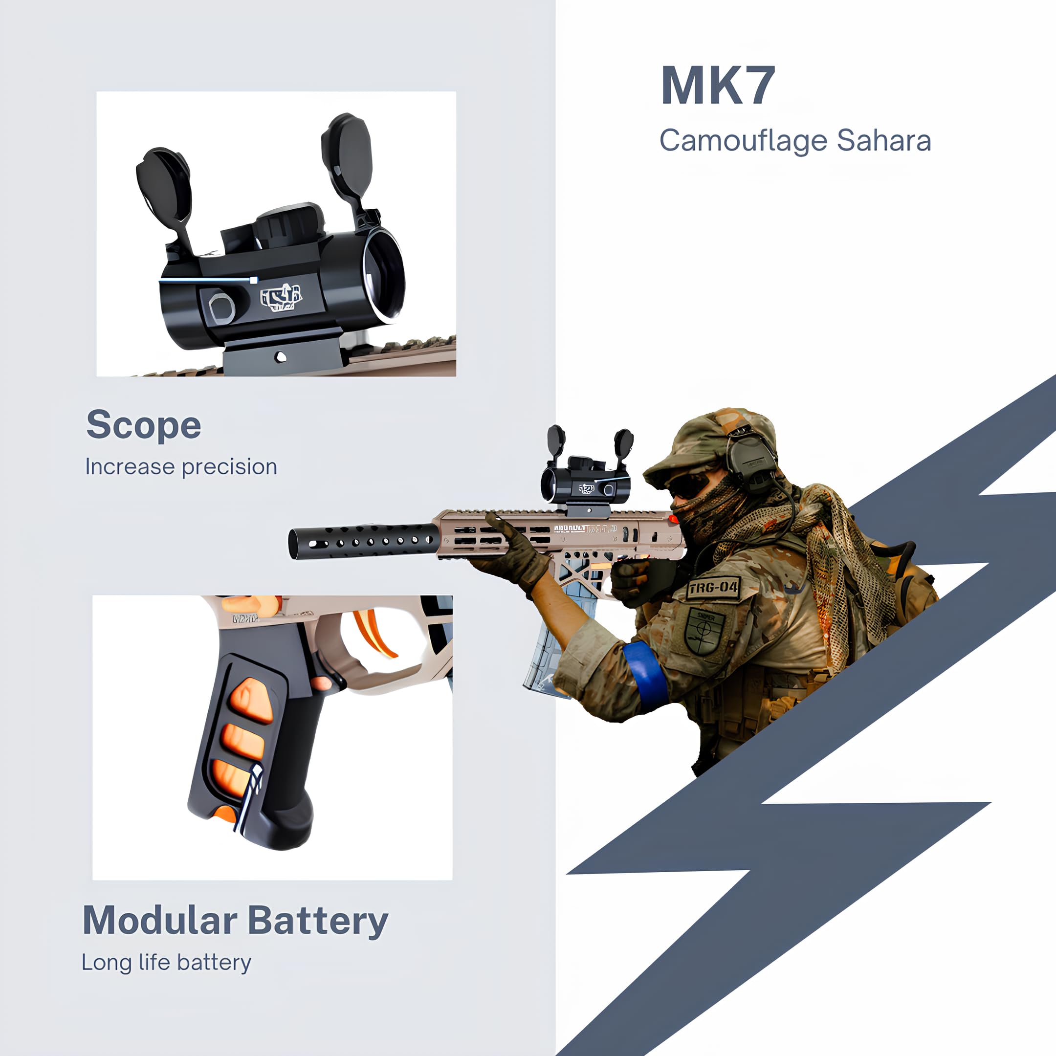 Gel Blaster Gun MK7 – Pistolet à Bille Eau Electrique Automatique – Accessoires & Lunettes – Watersoft Puissant Fusil Arme Mitraillette - Adulte Gelfire Water Gun (Marron)