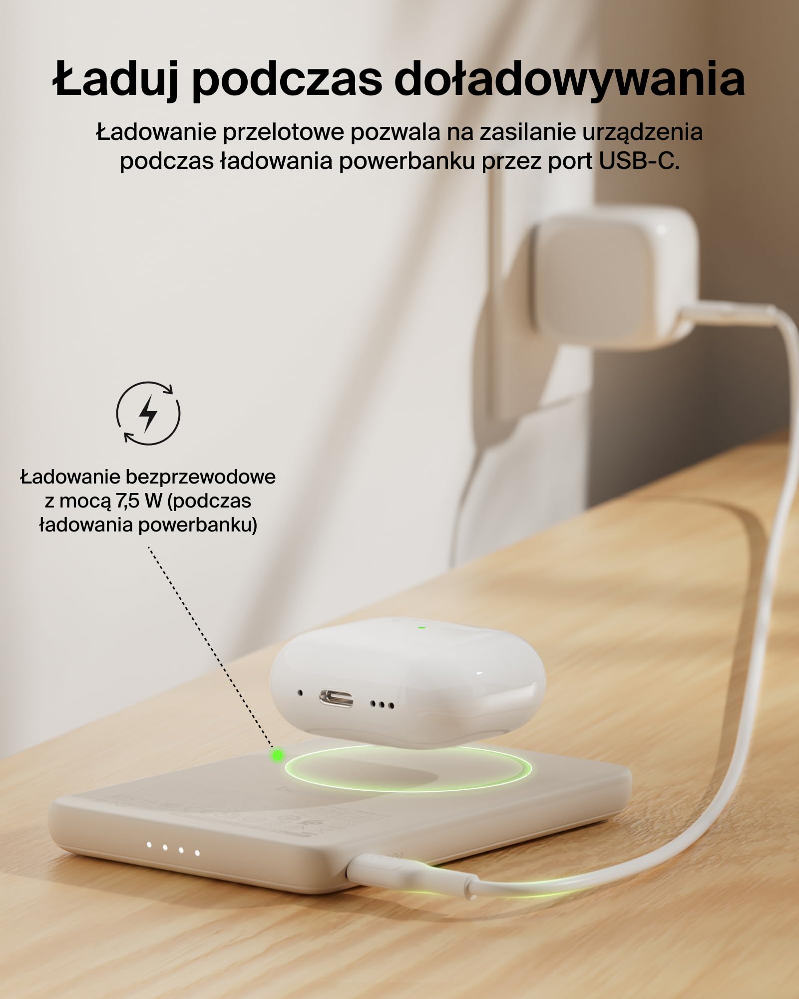 Belkin BoostCharge Magnetyczny Powerbank 5000 mAh z Pierścieniem – Piaskowy | Powerbank Bezprzewodowy 5000 mAh, Pierścień Magnetyczny do Akcesoriów, Port USB-C, Wstępnie Naładowany, Kabel w Zestawie