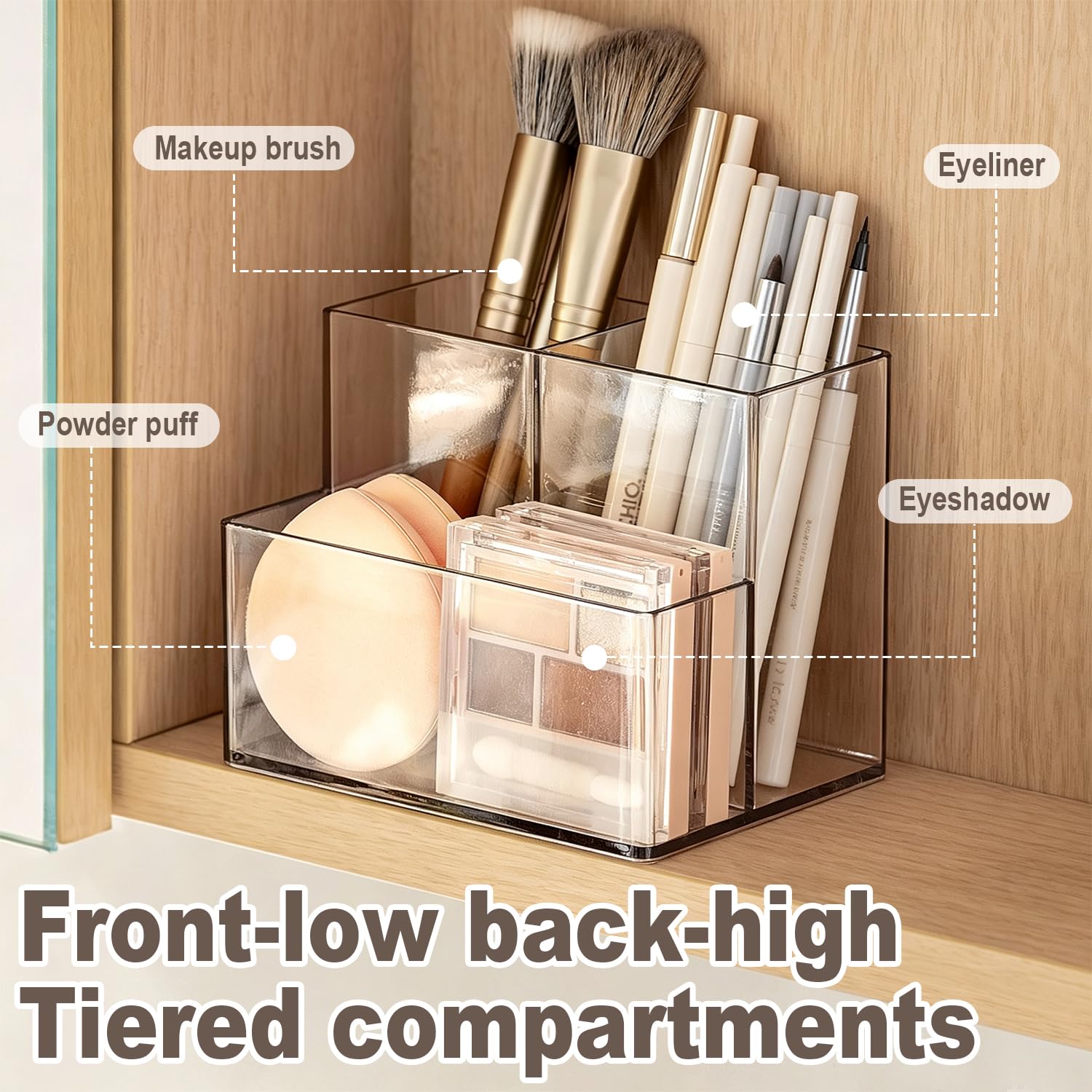 mioluo Clear PET Makeup Organizer, Lipstick Brush Holder for Bathroom Cabinet- Transparent Medicine Cabinet Organizer Multi Compartment Storage Box Holder for Countertop, Home Office Classroom