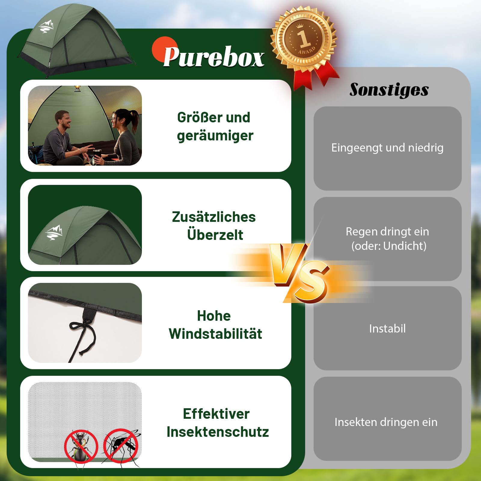 Zelt 2-3 Personen Camping Zelte - Ultraleichte Campingzelt Kuppelzelt Winddicht 3-4 Saison mit Abnehmbarer äußerer Zeltplane, Kleine Packungsgröße, Geeignet für Camping Wandern Backpacking Familien
