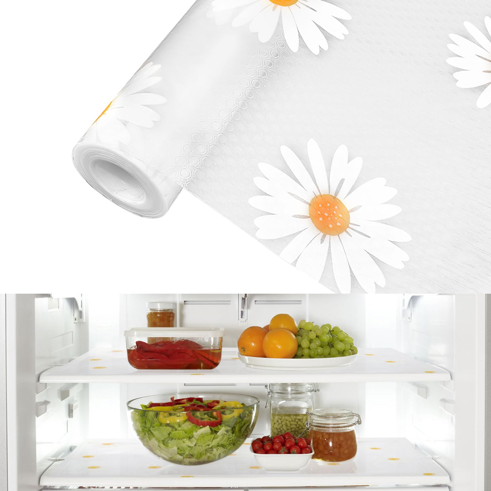 30 x 300 cm Antibakterielle Kühlschrankmatten, Kühlschrank Matten Entziehen Feuchtigkeit rutschfest Waschbar DIY Zuschneidbar Matte Kühlschran für Küche Schublade Schrank (Gänseblümchen 30×300cm)