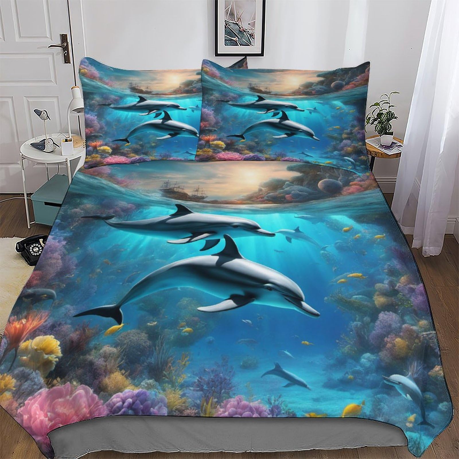 Dolphin 3D Duvet Cover Bedding Set for Boys Girls Adults 3 Pieces Quilt Cover Zipper Closure with Pillowcase Easy Care And Super Soft Poly Cotton Comforter Cover King (220x240cm) — image 1