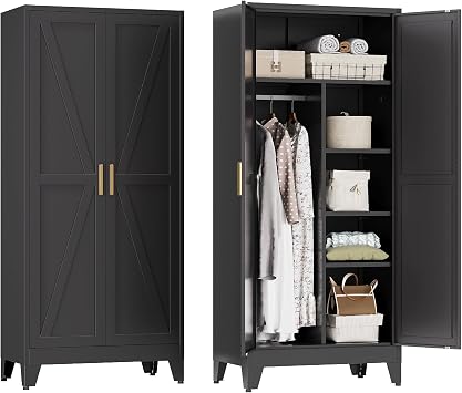 YAUWOH Farmhouse Wardrobe Cabinet,Metal Wardrobe Closet with Hanging Rod,Metal Armoire with Adjustable Shelves for Bedroom,Cloak Room,Office Black