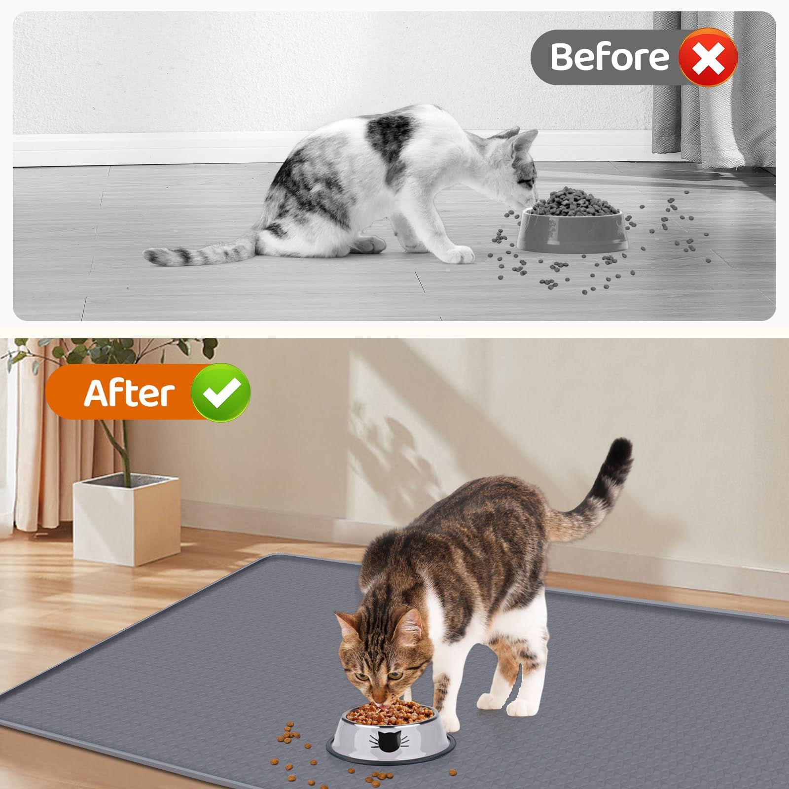 Kalolary Silikon Napfunterlage Katzen – Rutschfeste, Wasserdichte Napfunterlage mit Hohem Rand für Saubere Böden, Schützt Vor Wasser & Futter, Geeignet für Katzen & Mehrere Haustiere (Grau（130*65cm）)
