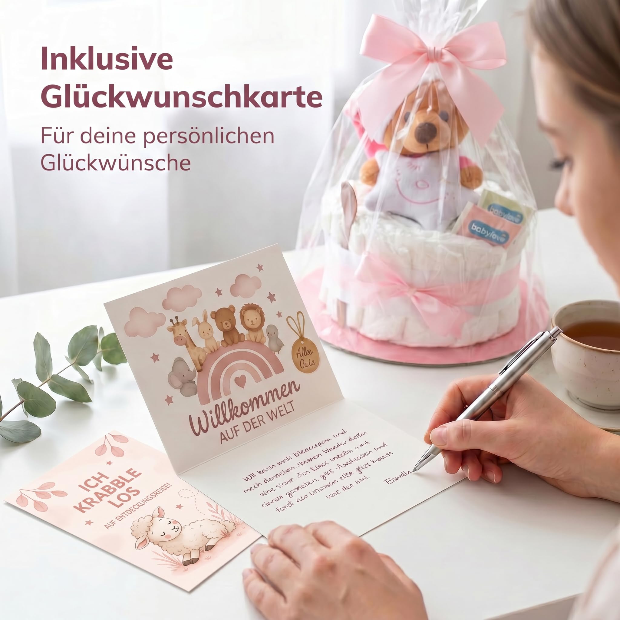 Gâteau de couches pour bébé fille - Rose - Cadeau de naissance et baptême avec doudou