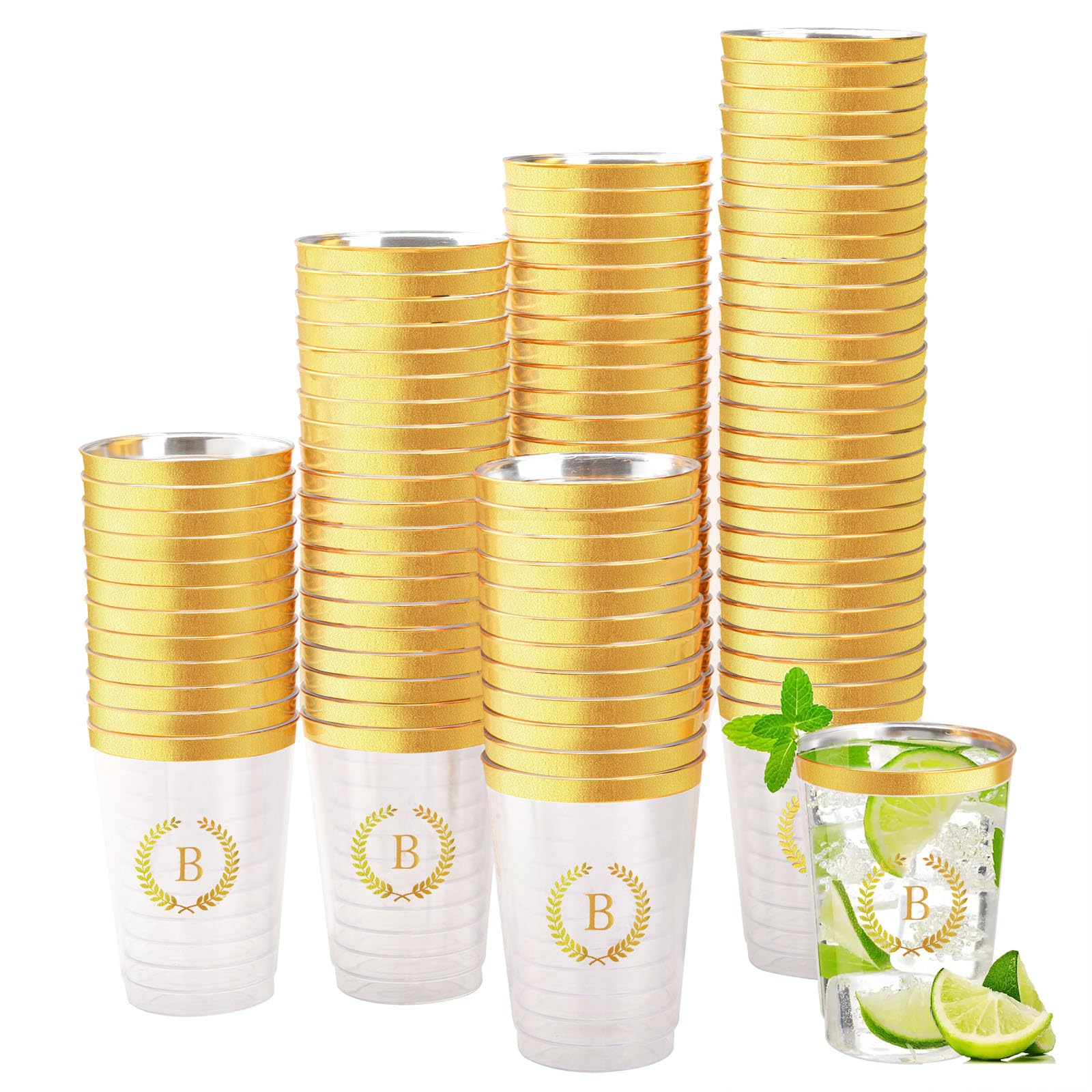 Datyiiha 100 Pieces Monogrammed Plastic Cups Gold Foil Letter B Disposable Cups 12 oz Clear Initial Party Cups for Wedding Birthday Baby Shower Personalized Party Drinkware