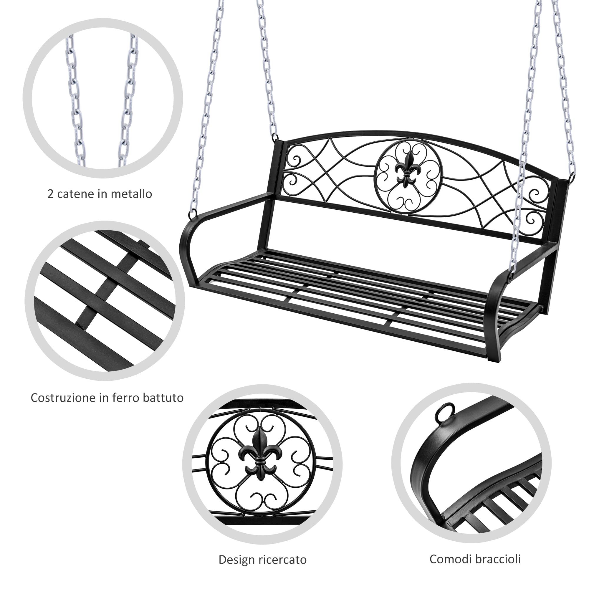 Outsunny Dondolo 2 Persone Design Classico Catene Incluse da Giardino Acciaio 132 x 63 x 58 cm Nero