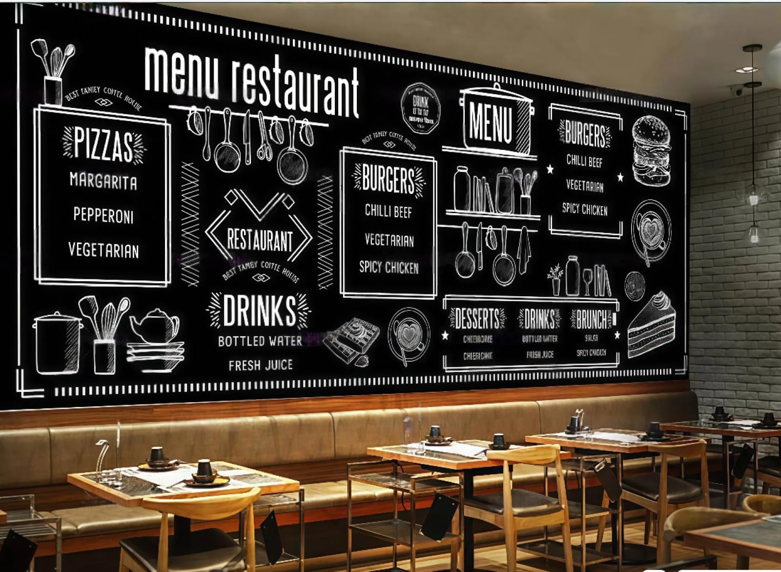 Xdoubao 3D Wallpaper Blackboard Hand-Painted English Letters Gourmet Fast Food Snack Bar Afternoon Tea Western Restaurant Background Wall Wallpaper Coffee Shop Mural,,430X300cm