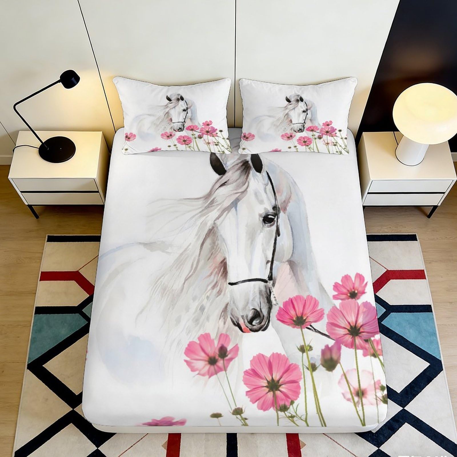 Pnayamiorkfel Style-9 3D Printed White Horse Fitted Sheet Microfiber Pink Flower Mattress Cover For Bedroom Guest Room Decor Easy Care 90X200x25cm