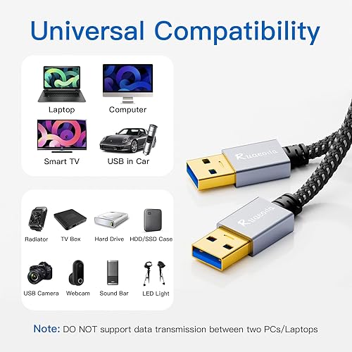 Vista 5 de Cable USB a USB de 3 pies, USB 3.0 macho a macho tipo A a A, cable USB de doble cara para transferencia de datos, disco duro, laptop, DVD, TV