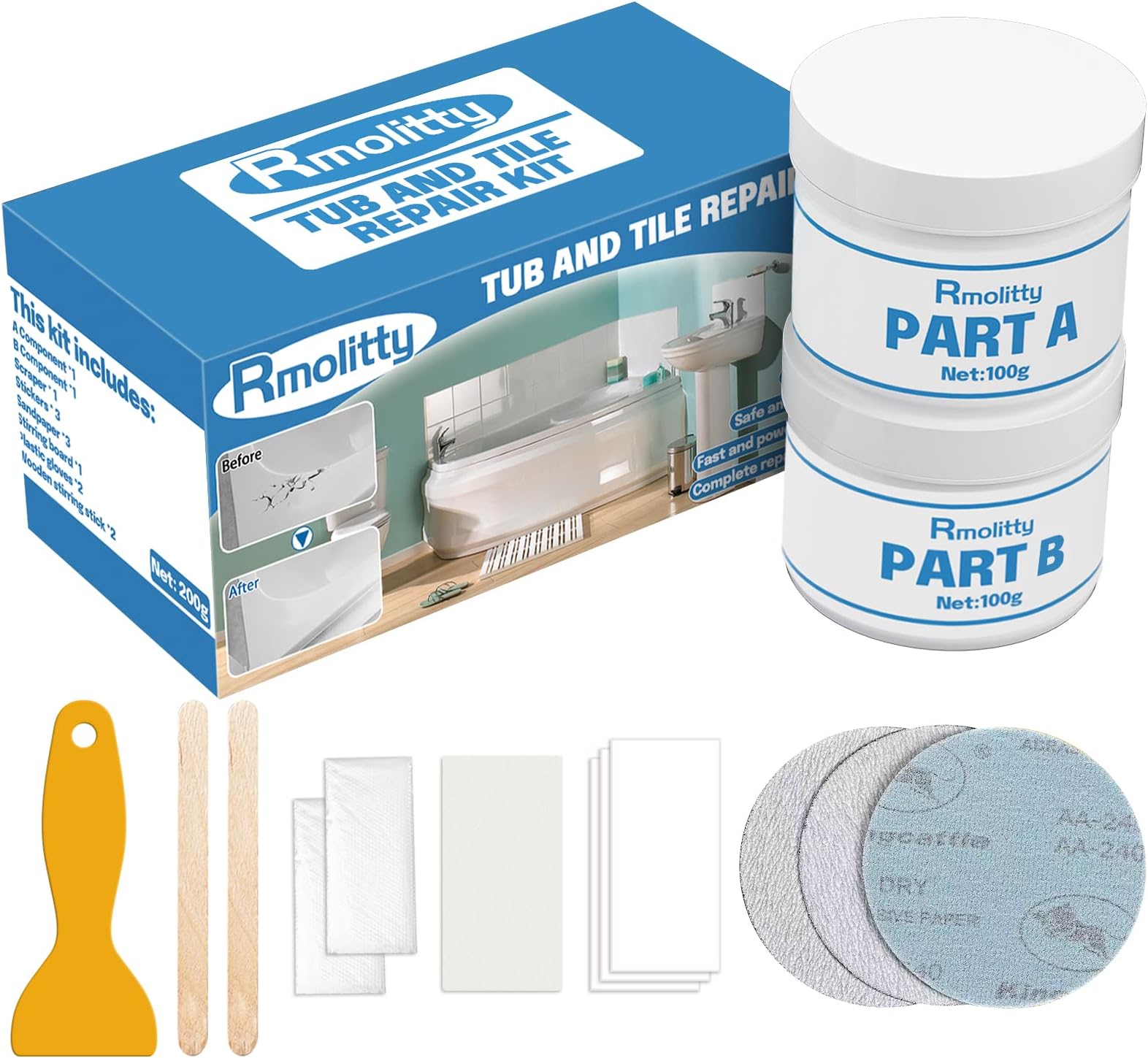 Rmolitty Shower Tray Repair Kit, 200g Tub, Tile and Shower Repair Kit, Waterproof and Leak-Proof Bathtub Repair Kit, Bath Repair Kit to Repair Scratches, Holes, Cracks