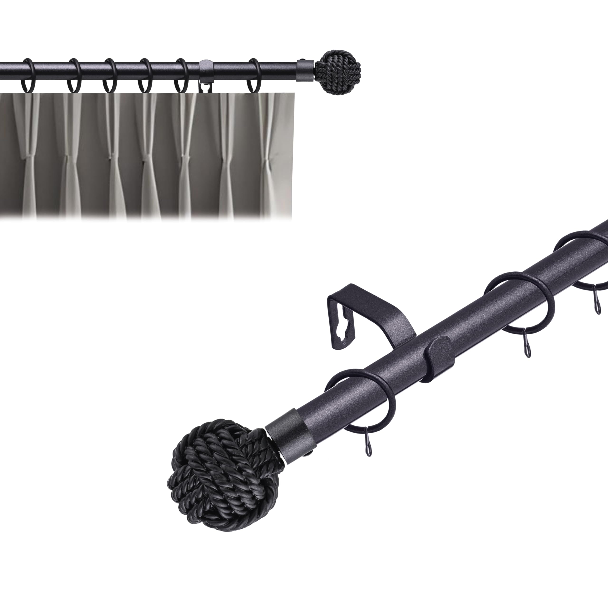 Lister Cartwright 19 mm Curtain Pole for Windows, Extendable 120 – 210 cm, Gun Metal Metal Rod with Knotted Finials, Adjustable Drapery Pole for Curtains, Living Room,Bedroom Non Slip